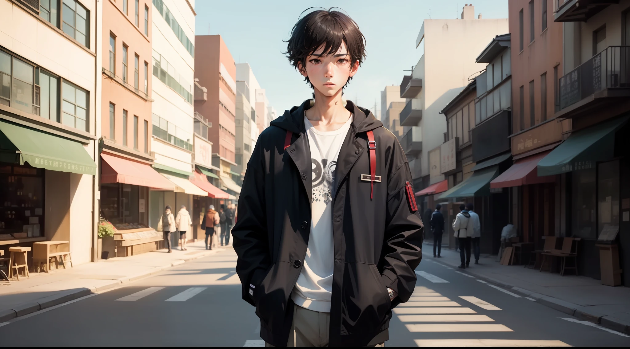 The whole picture is of a boy，no other people，城市，Confused background，Clear，Lonely eyes，Put your hands in your pockets，Stylish outfits，Lonely eyes，miss，Bustling streets，quadratic element，without showing face