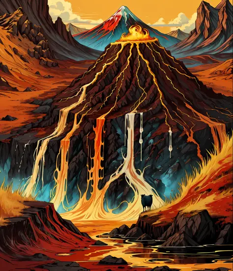 (in dripping art style) Sundeath, Legends claim the Red Mountain's first eruption not only gave brown sheep their current hue, b...