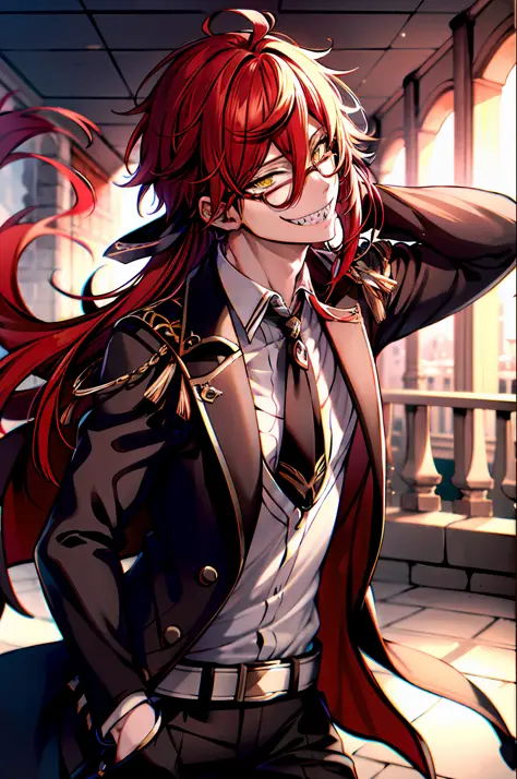 best quality, masterpiece, solo, 1boy,  smile,red hair, yellow eyes, portrait, sharp teeth, diluc,  genshin  impact
