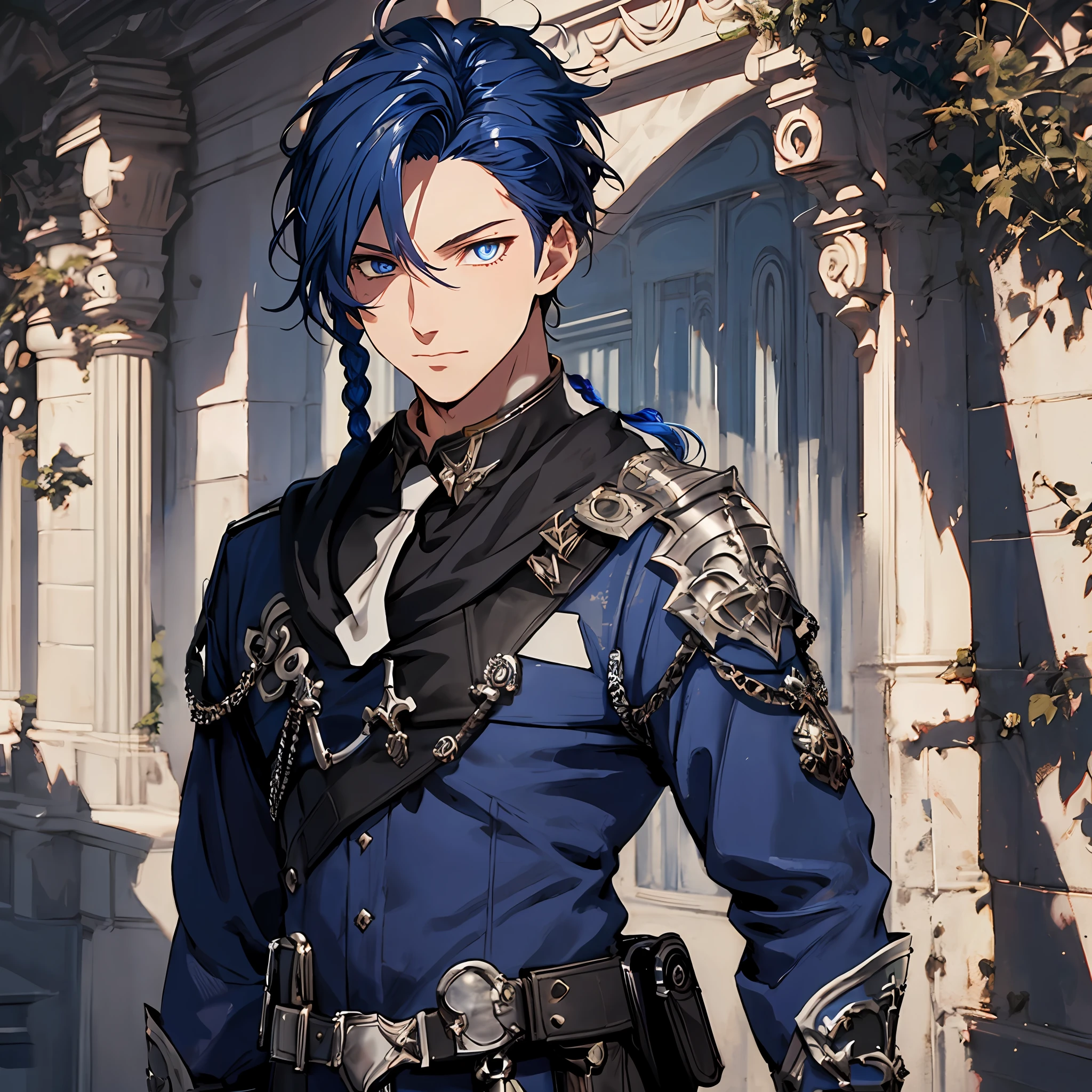 masterpiece, best quality, 1man, adult, male focus, solo, dark blue hair, short swept back spiky hair with braid, vibrant blue eyes, looking at viewer, closed mouth, Fantasy aesthetics, Highly detailed, shadowverse style, officer attire, black color attire