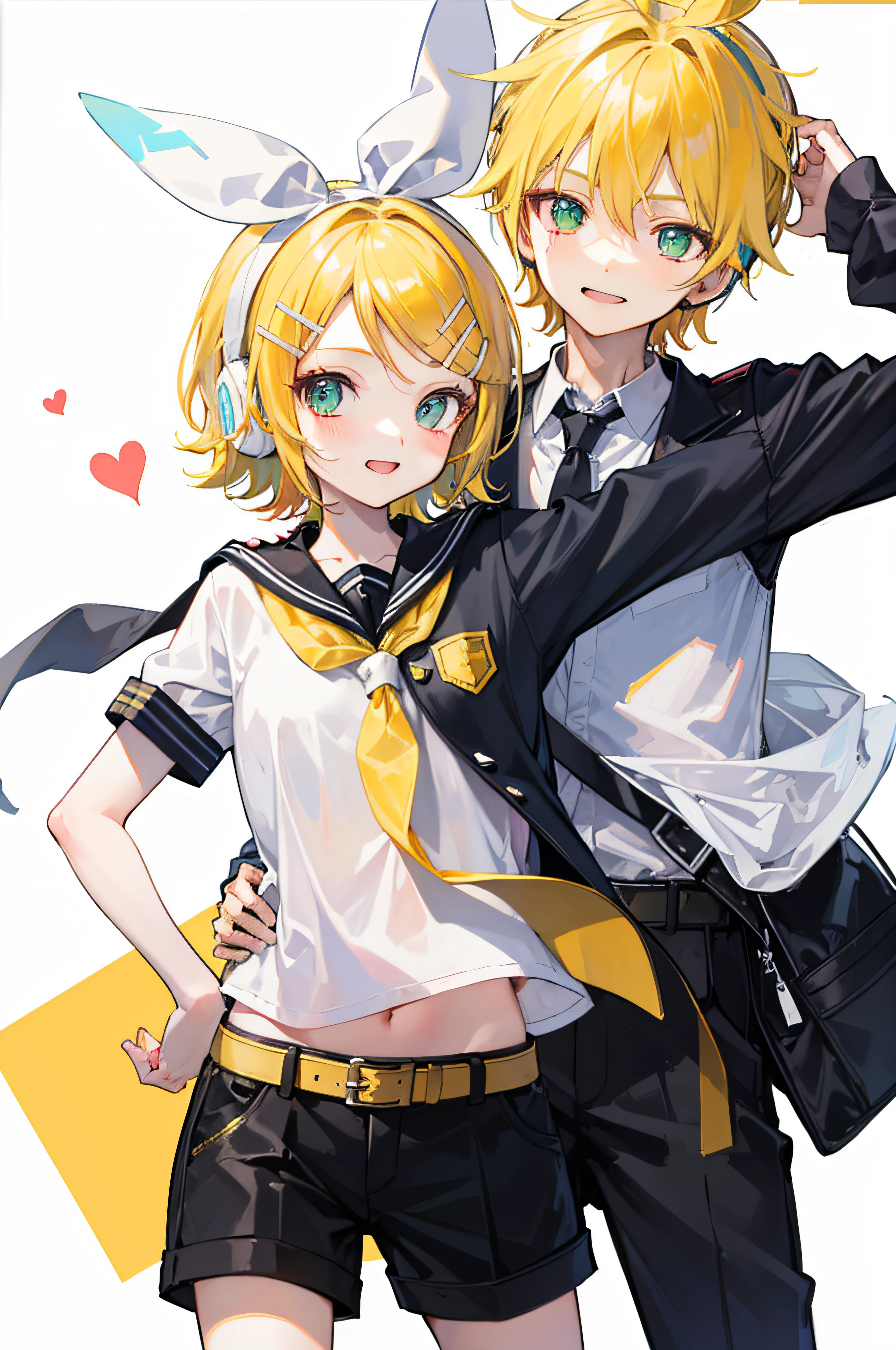 best quality, ultra precision, one boy and one girl, (a boy is Kagamine_Len),  (a girl is Kagamine_Rin), green eyes, cute, short hair, head phone, blond hair, sailor uniform, black short pants, belt, yellow necktie, smile, junior high school student, older sister and younger brother, white background, twins, love each other, children