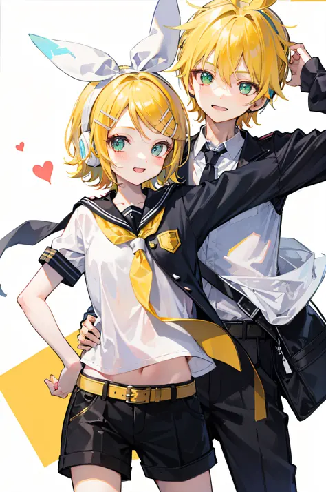 best quality, ultra precision, one boy and one girl, (a boy is Kagamine_Len),  (a girl is Kagamine_Rin), green eyes, cute, short...