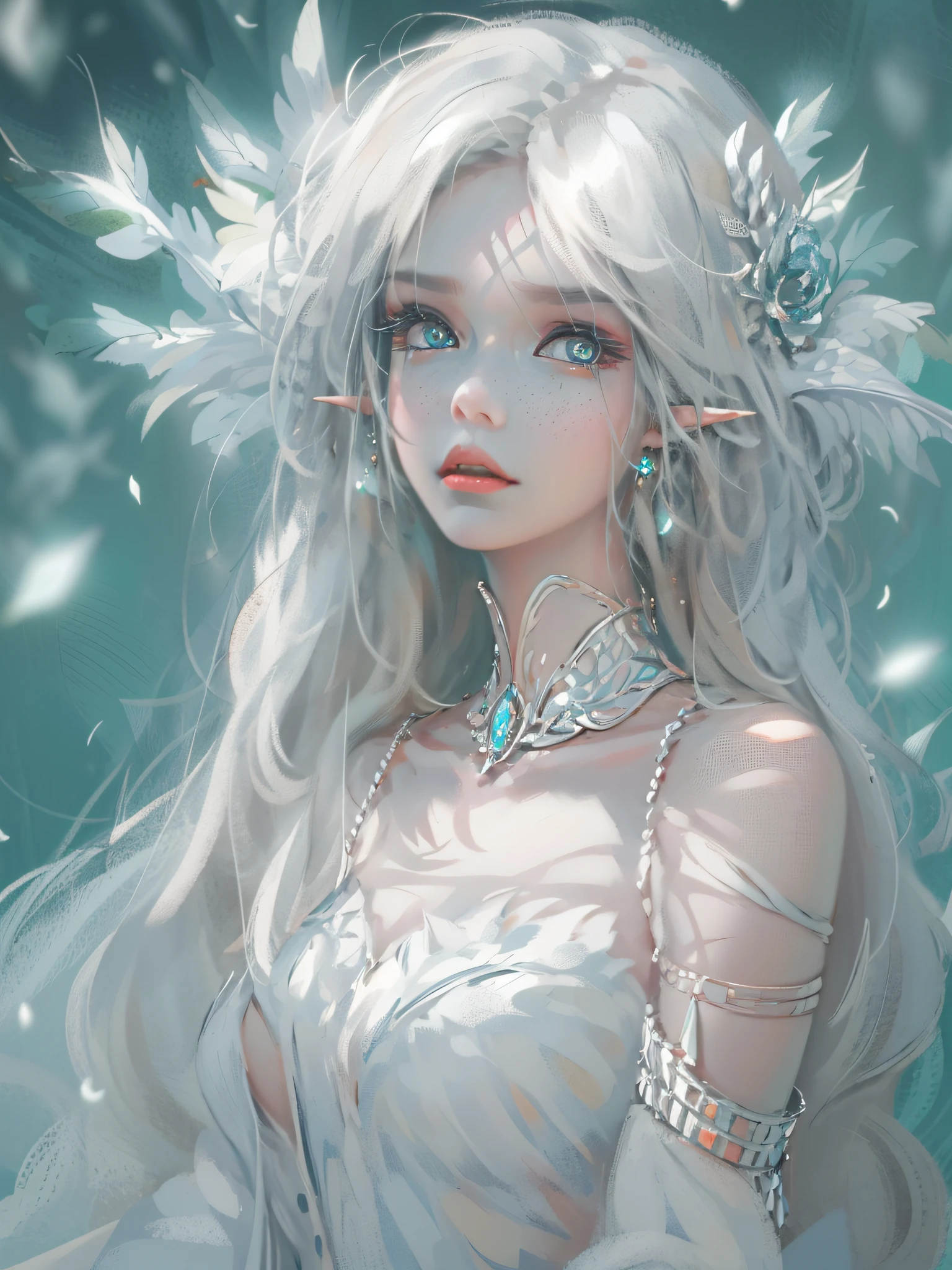1 woman with a crown, Beautiful and elegant elf princess, Guviz, Fantasy art style, 8K high quality detailed art, Seductive elf princess, digital fantasy art ,（Perfect full-body portrait，tilt of the head，BREAK BREAK BREAK,），（WLOP painter style，glitters，Blue sparkling eyeshadow）， (long  white hair，White-colored skin，Elf Girl，The skin is translucent white，sparkle in eyes，The elves were dressed in pure white)，beautiful  face，（Lonely pale face），facing to audience，Particle，Glow，Guviz-style artwork，（Volumetriclighting），atmosphric perspective，dust particle，Axis