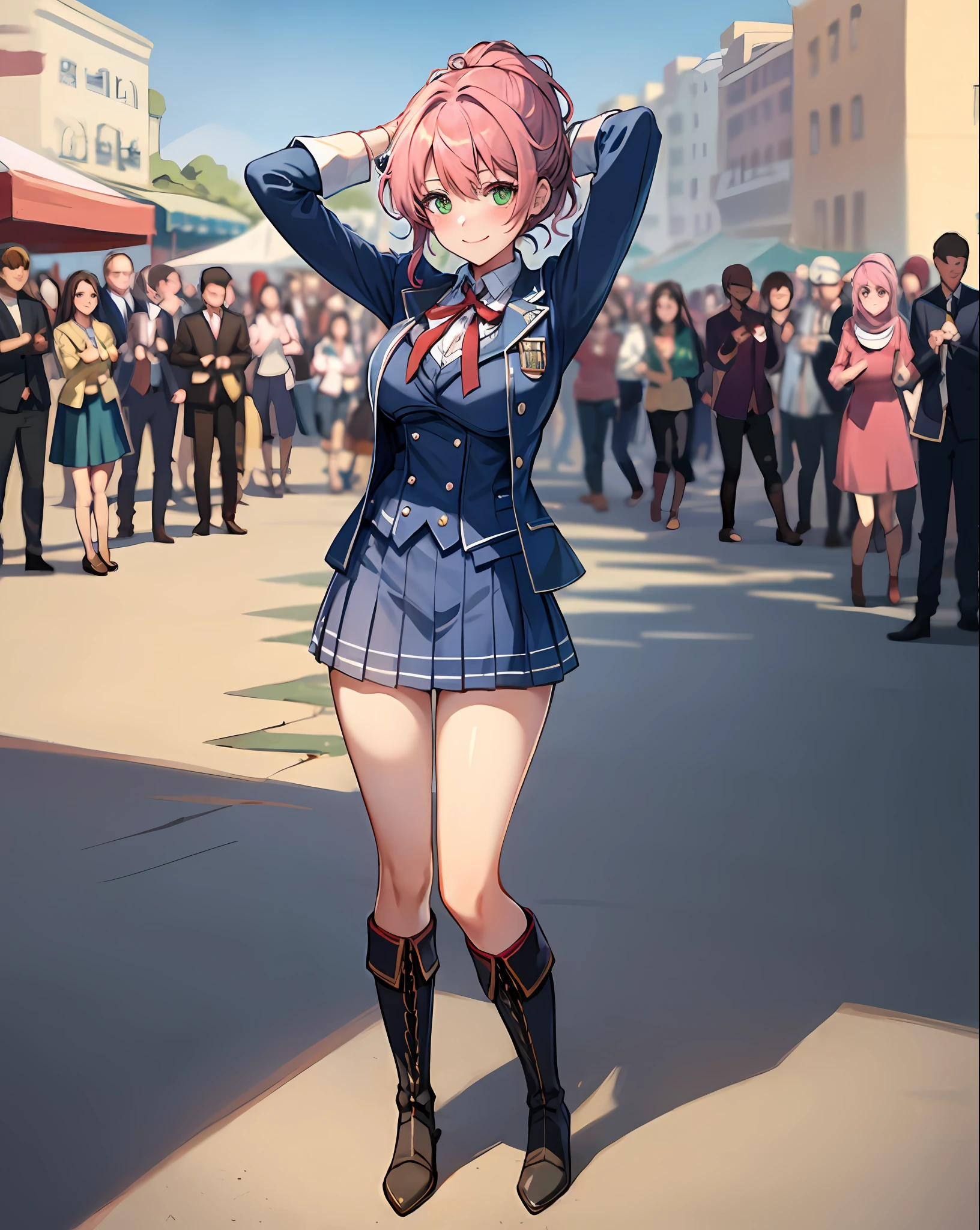 Best quality, (Masterpiece:1.2), illustration, absurderes,
(1girll, Solo), (Beautiful detailed girl),
Juna Crawford, Pink_Hair, pony tails, Hair_decorations, Green_Eyes, Medium breasts,
Blue_Blazer, Blue_waistcoat, Blue_Skirt,Red ribbon, knee_Boots,
desert city, The Middle East, Middle Eastern terrain, middle eastern architecture, cloudless sky, Sun, day, cobblestone street, market stall, bazaars, (crowd:1.2), Middle East market,,
view the viewer, Smile, Blush,
((arms behind  head)), Full body shot,