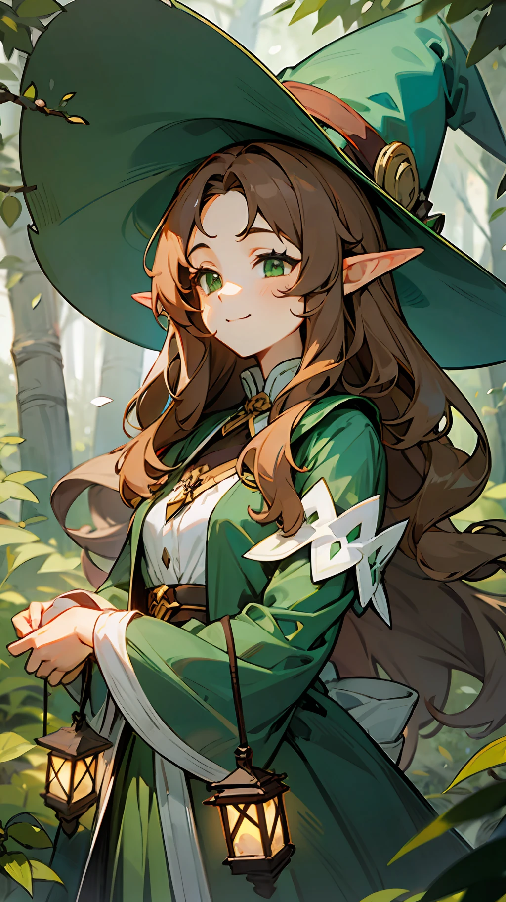 1girl, long brown hair, long wavy hair, green eyes, smiling, witch hat, green dress, white shirt with lantern sleeves, slightly smiling, lokking at the camera, windy, elf ears, sly look, Dark Forest, Dark background, woods, the trees, tall trees