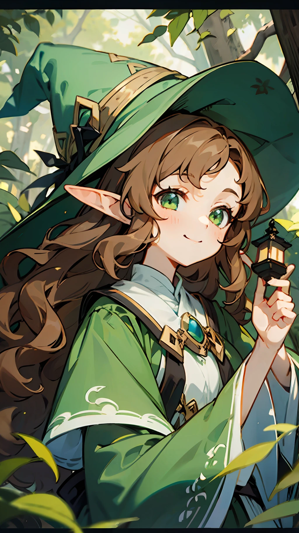 1girl, long brown hair, long wavy hair, green eyes, smiling, witch hat, green dress, white shirt with lantern sleeves, slightly smiling, lokking at the camera, windy, elf ears, sly look, Dark Forest, Dark background, woods, the trees, tall trees