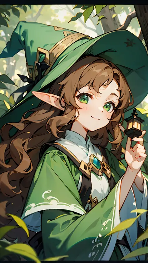 1girl, long brown hair, long wavy hair, green eyes, smiling, witch hat, green dress, white shirt with lantern sleeves, slightly ...