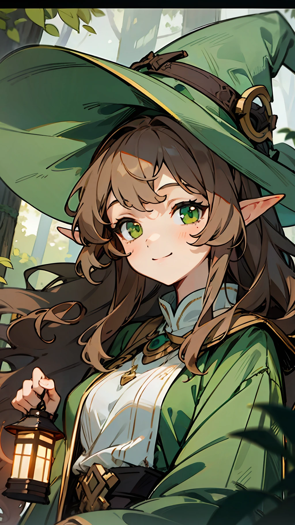 1girl, long brown hair, long wavy hair, green eyes, smiling, witch hat, green dress, white shirt with lantern sleeves, slightly smiling, lokking at the camera, windy, elf ears, sly look, Dark Forest, Dark background, woods, the trees, tall trees