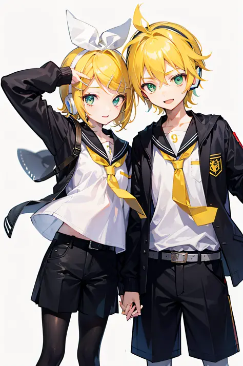 best quality, ultra precision, one boy and one girl, (a boy is Kagamine_Len),  (a girl is Kagamine_Rin), green eyes, cute, short...