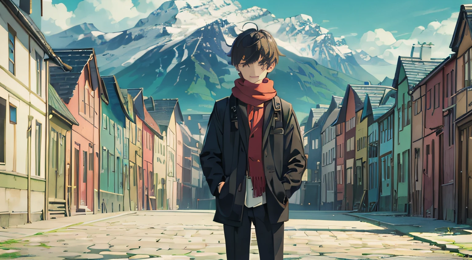 The whole picture is of a boy，no other people，城市，Confused background，Clear characters，Lonely eyes，Put your hands in your pockets，Stylish outfits，Lonely eyes，miss，Bustling streets，quadratic element