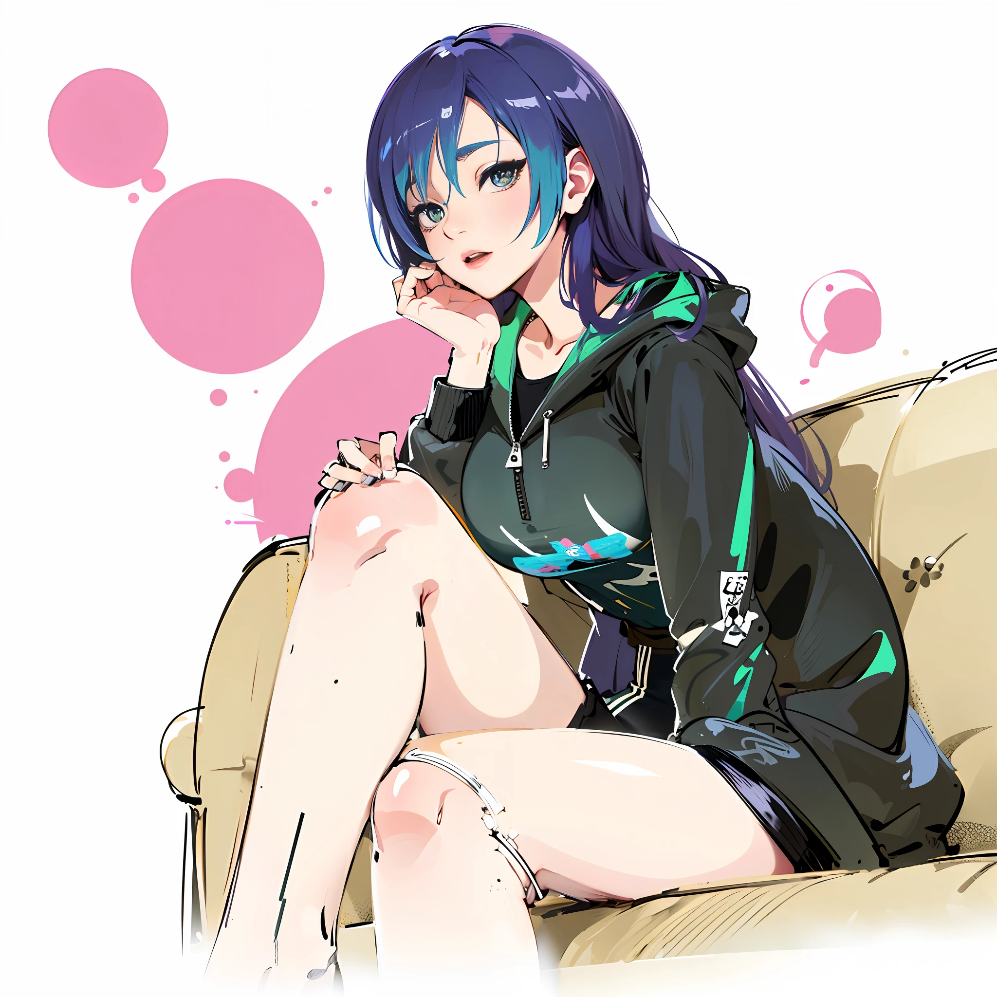 anime girl sitting on a диван with her legs crossed, По мотивам Муны Хошиновой, 2D стиль аниме, сделано в студии аниме-художника, аниме Мо артстиль, [ Цифровое искусство ]!!, в стиле аниме, в стиле аниме, инструмент для рисования сай!! , аниме артстиль, cel — затененный художественный стиль, неизвестный художественный стиль, sitting on the диван (единство ГГ, 8к обои, ультра HD, шедевр, Лучший хайлайт, Холодный свет), (гостиная, диван, Тусклый свет, фиолетовая желтая стена), (1 девушка,Один) ((сине-зеленые средние волосы), Светлая кожа, симметричное лицо, Красота для лица (глаза высокой детализации, зеленые глаза)), (морда кирпичом), ((большая грудь, Лучший рисунок тела, толстое тело, толстая нога), (в черной куртке-джемпере), (обнаженная голая нога)), Вид спереди правый край ботом.