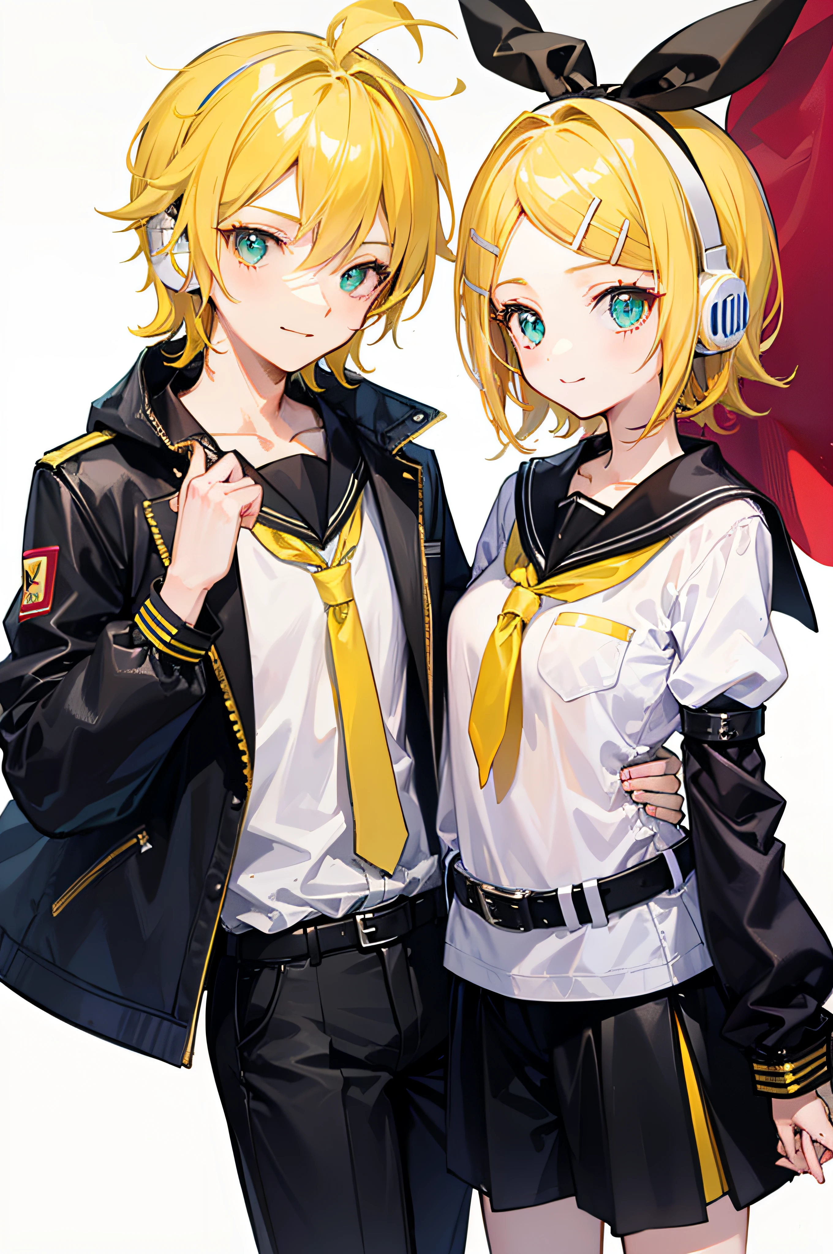 best quality, ultra precision, one boy and one girl, (a boy is Kagamine_Len),  (a girl is Kagamine_Rin), green eyes, cute, short hair, head phone, blond hair, sailor uniform, black short pants, belt, yellow necktie, smile, junior high school student, older sister and younger brother, white background, twins, love each other, children, hold hands, boy is as tall as girl, kids