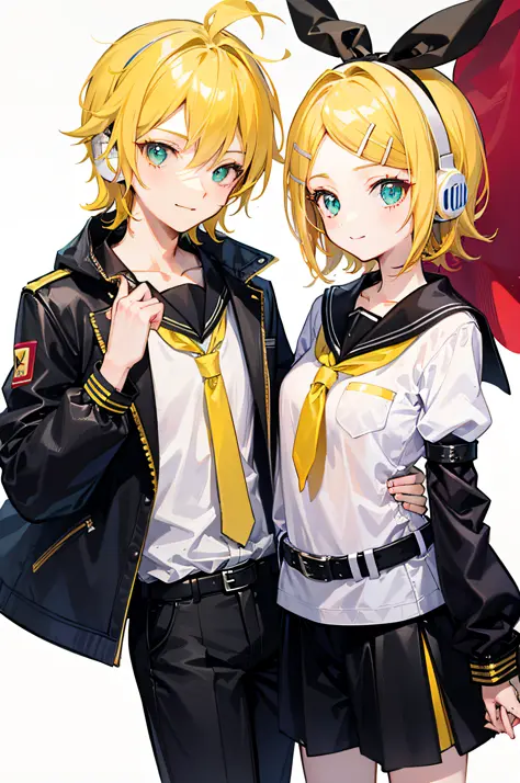 best quality, ultra precision, one boy and one girl, (a boy is kagamine_len),  (a girl is kagamine_rin), green eyes, cute, short...