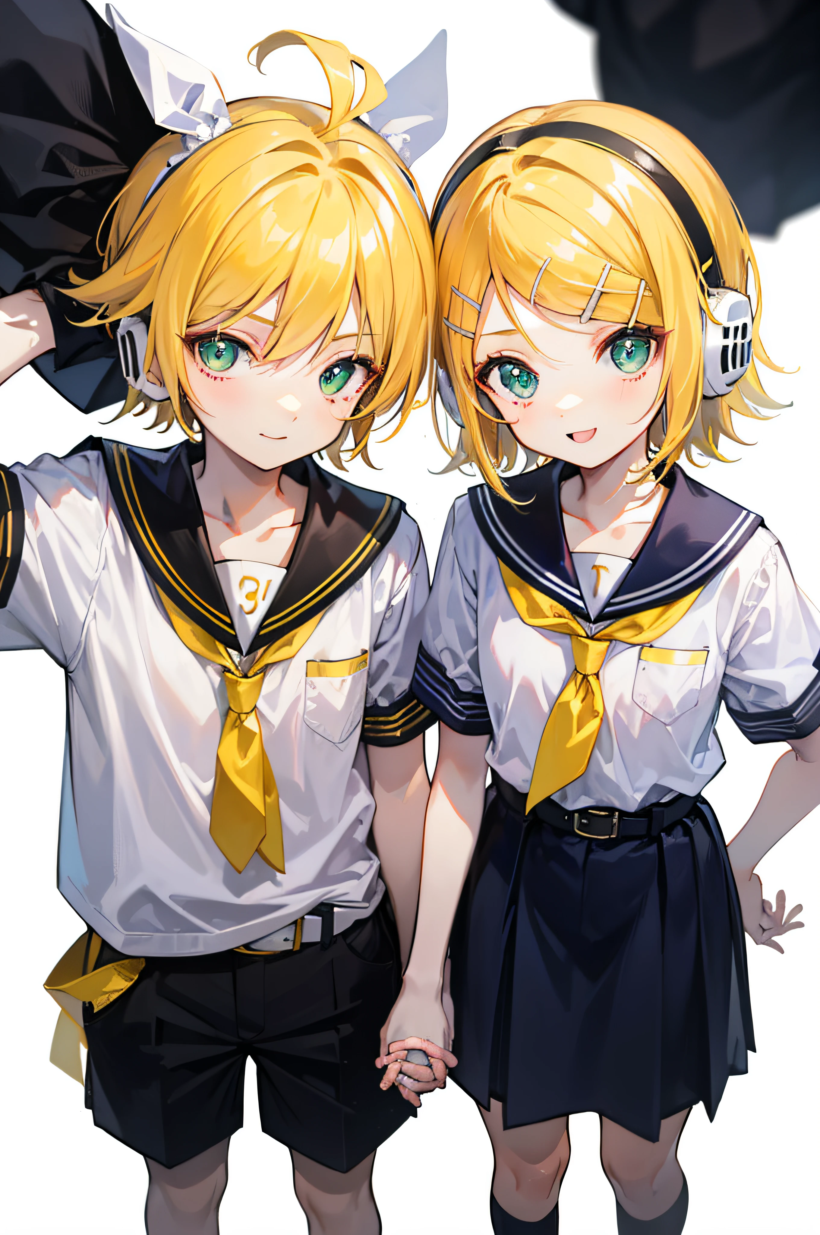 best quality, ultra precision, one boy and one girl, (a boy is Kagamine_Len),  (a girl is Kagamine_Rin), green eyes, cute, short hair, head phone, blond hair, sailor uniform, black short pants, belt, yellow necktie, smile, elementary school student, older sister and younger brother, white background, twins, love each other, children, hold hands, boy is as tall as girl, kids