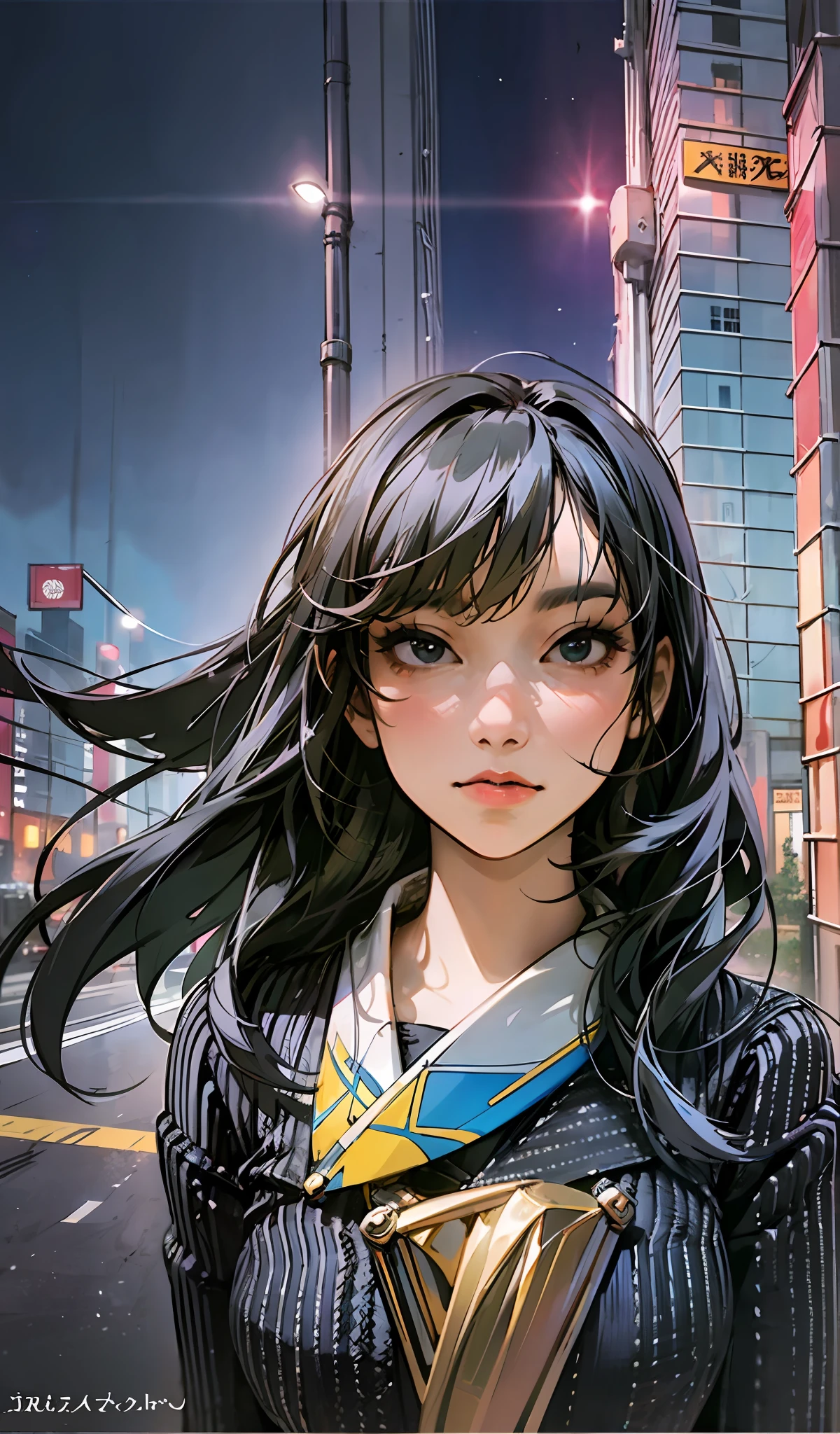 Full body portrait of Freya JKT48 with black hair, black eyes, and distinctive lips depicted in an extremely detailed CG style. The portrait showcases a breathtaking city view of a vibrant and colorful night scene accentuated by bright city lights, perfectly capturing the iconic anime style and vibe.