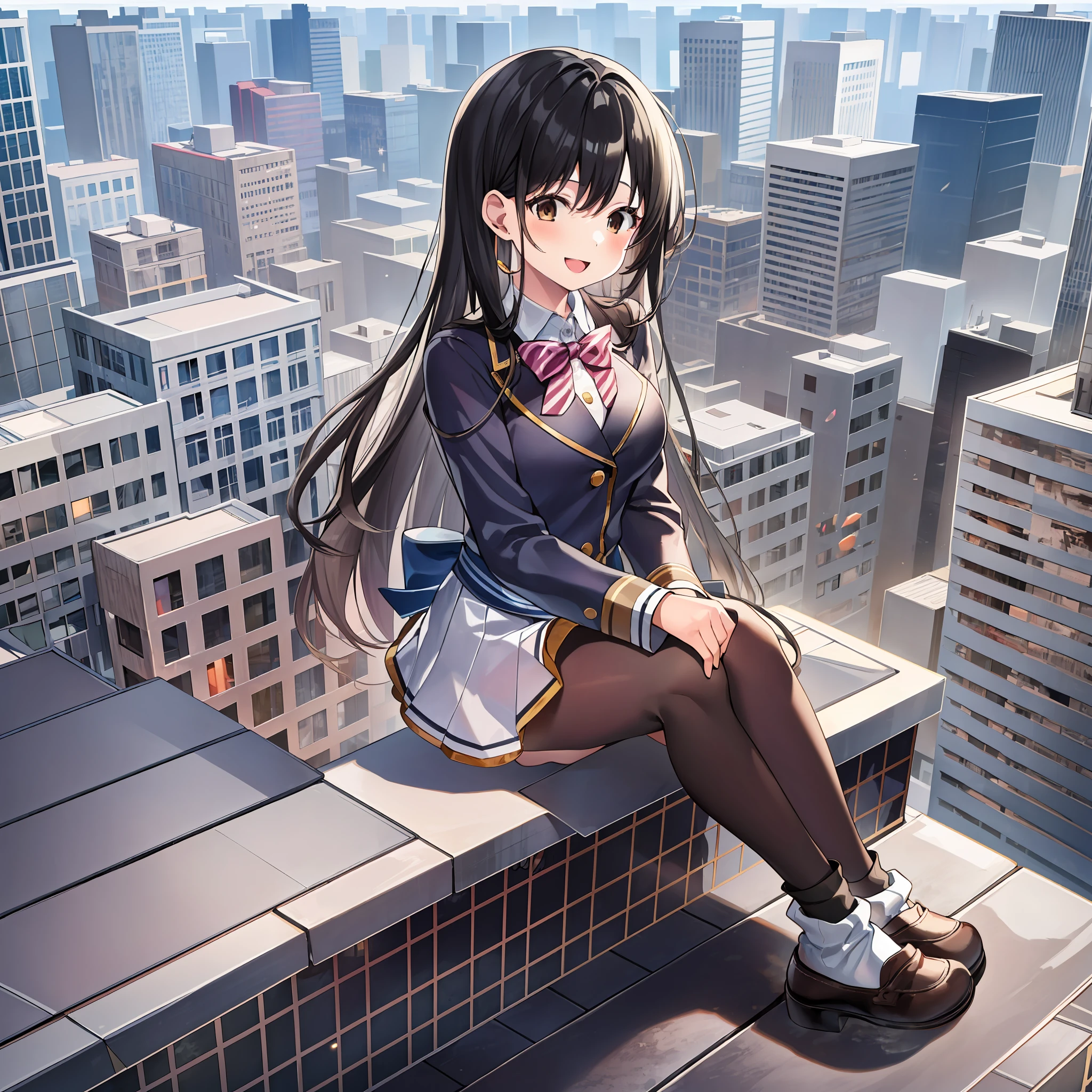 1girl, 15 years old, black hair, brown eyes, (socks:1.4), school uniform, bangs, genuine, highly detailed, happy, smiling, full body, anime girl sitting on a ledge in a city with a cityscape in the background, giantess art!!!