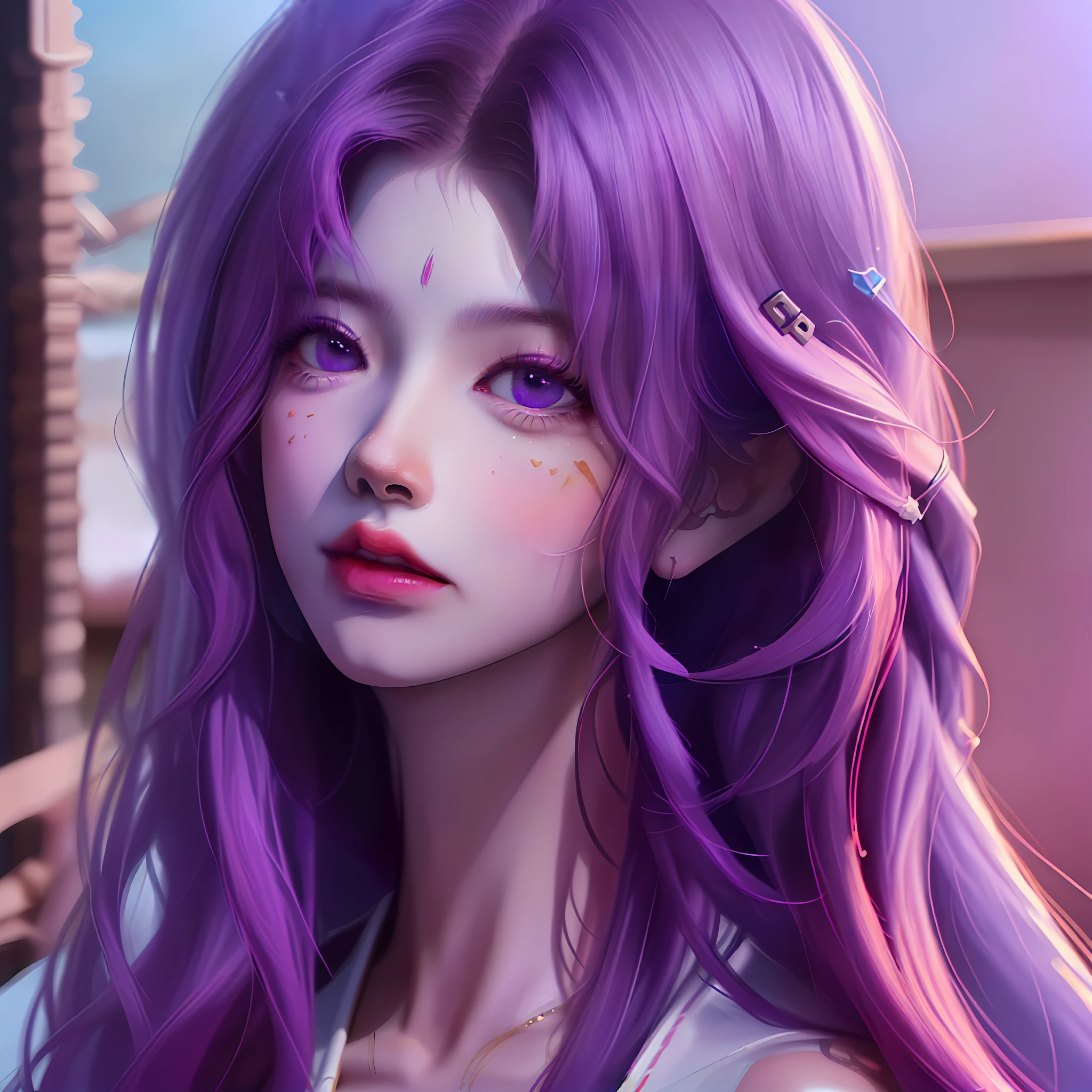 Close up of a woman with long hair and purple shirt, a digital painting inspired by Li Mei-shu, Trend of CGsociety, Digital art, Realistic anime 3 D style, Smooth anime CG art, anime styled 3d, 3 d anime realistic, anime highly detailed, anime realism style, realistic anime artstyle, Detailed digital anime art