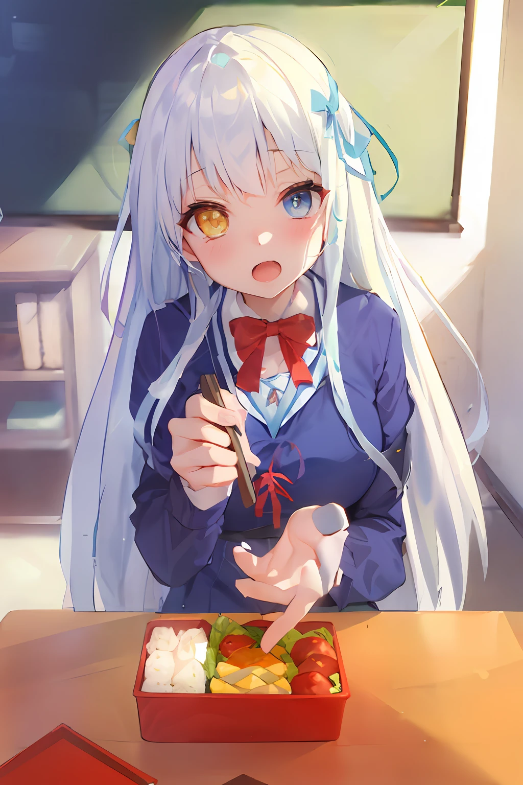 masterpiece, best quality, 1girl, classroom, room, vestia zeta, table, petite, large breasts, looking at viewer, heterochromia, school uniform, blue hair ribbon, food on table, bento, yellow eyes, blue eyes, open mouth, red ribbon, light blue sweater, long hair, cheerful, white hair,