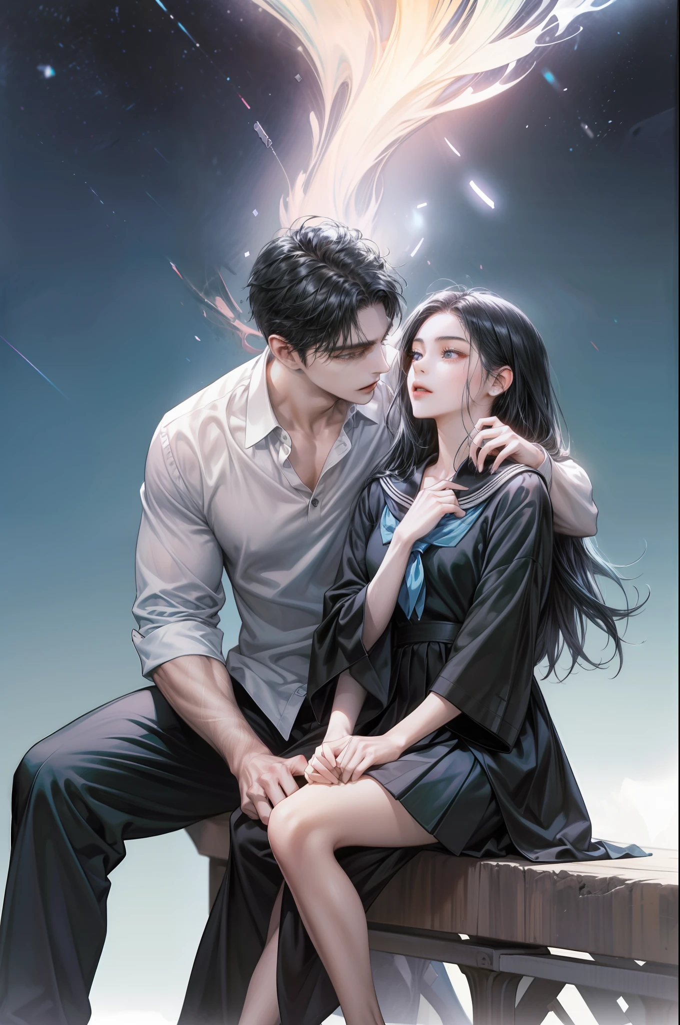 (absurdres, highres, ultra detailed) a young couple sitting at a distance looking at each other, blue background, with pictures ,1 girl , black hair , school clothes , 1 boy , black hair , school clothes , background image is a blue art gallery , an anime couple sitting facing each other , looking at each other