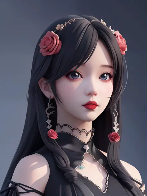 Anime girl with black dress and red roses in her hair, a digital painting inspired by Sim Sa-jeong, Tumblr, Gothic art, Guviz-style artwork, Guviz, Anime style. 8K, from 8 k matte, High quality detailed art in 8K, anime styled 3d, gothic maiden anime girl,...