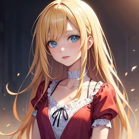 Blonde hair girl with blue eyes and red ribbon in hair, Beautiful Anime Portrait, Stunning anime face portrait, photorealistic anime girl render, Portrait Anime Girl, detailed portrait of an anime girl, portrait of cute anime girlbabes, Detailed Digital An...