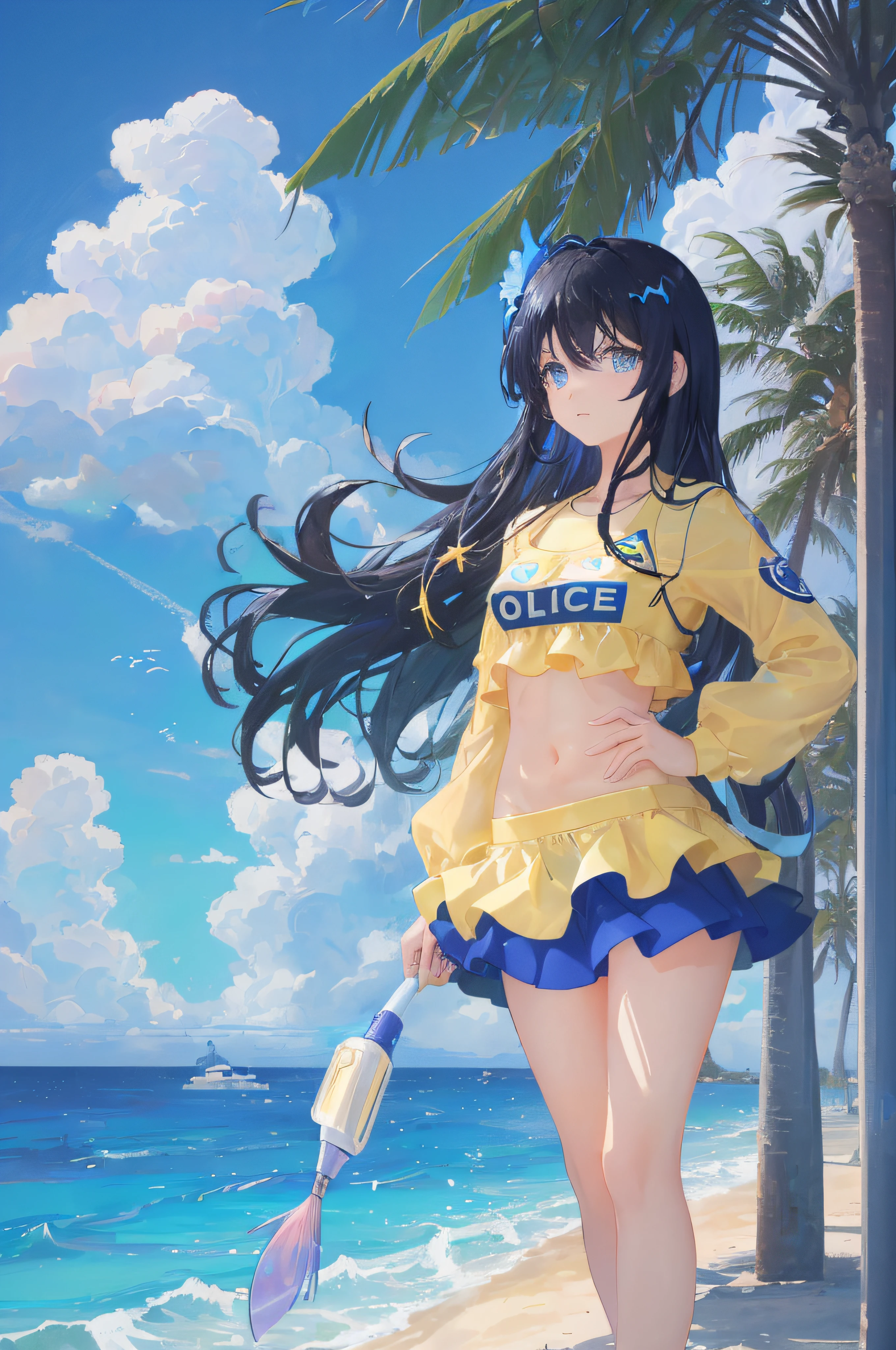 art by Cornflower, dreamy, (A beautiful, teenaged, anime-style girl with blue eyes and long, black hair, wearing a pale yellow, shiny, long-sleeved, open-chest, long skirt swimming suit with a pink, white, and yellow, heart on it is posing with her hands on her hips, in front of a beach and a bright, blue sky with clouds in it, there are palm trees in the background on both sides of the picture, and there are lots of blue and yellow fish swimming in the ocean, and there is a police helicopter with lights on it flying over the girl)