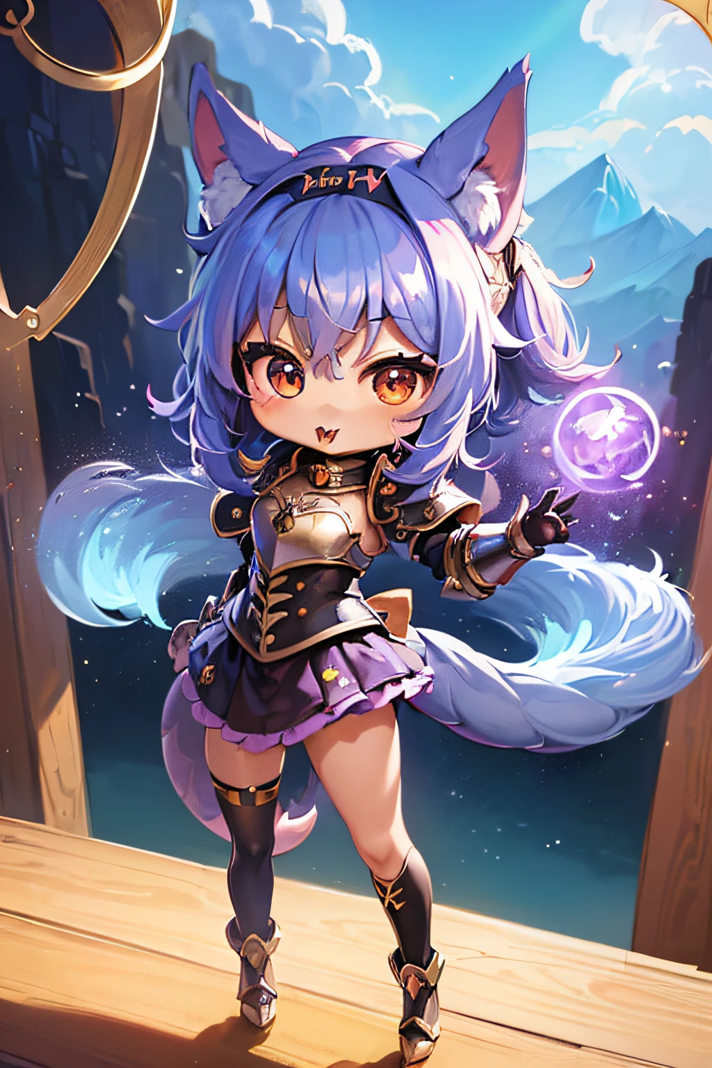 ((((chibi, qute, cute:1.5)))):2,(((Fantasy style))),masterpiece, best quality, ultra-detailed, glistening shiny, glowing light, ray tracing, HDR, deph of field, (perfect face, detailed face, detailed eyes),8k,HD,ultra realistic face,ray tracing,perfect lighting,best quality, ultra-detailed, shiny eyes, (looking at viewer,:3_smile:1.1), ((1girl)), (gyaru, mature female:1.4),hourglass_body shape, ((sky_blue gradient hair)), (multicolored hair),(sky_blue hair tips), (sky_blue hair) ,((blue_eyes)),multicolored eyes, gradient eyes, (glowing eyes:1.1), mascara, (fashion make up), parted lips,((fox ears,tail,fox tail)),((monster_slayer armor)), ((dragon scale armor)):1.8, dragon claw gloves, spear,holding spear, enchanted metal spear, (dragon island,dragons in the air,huge dragon up close),complex background, dynamic pose, ((8k wall paper)), ((8k wallpaper)),complex background, dynamic pose, ((8k wall paper)), ((8k wallpaper))