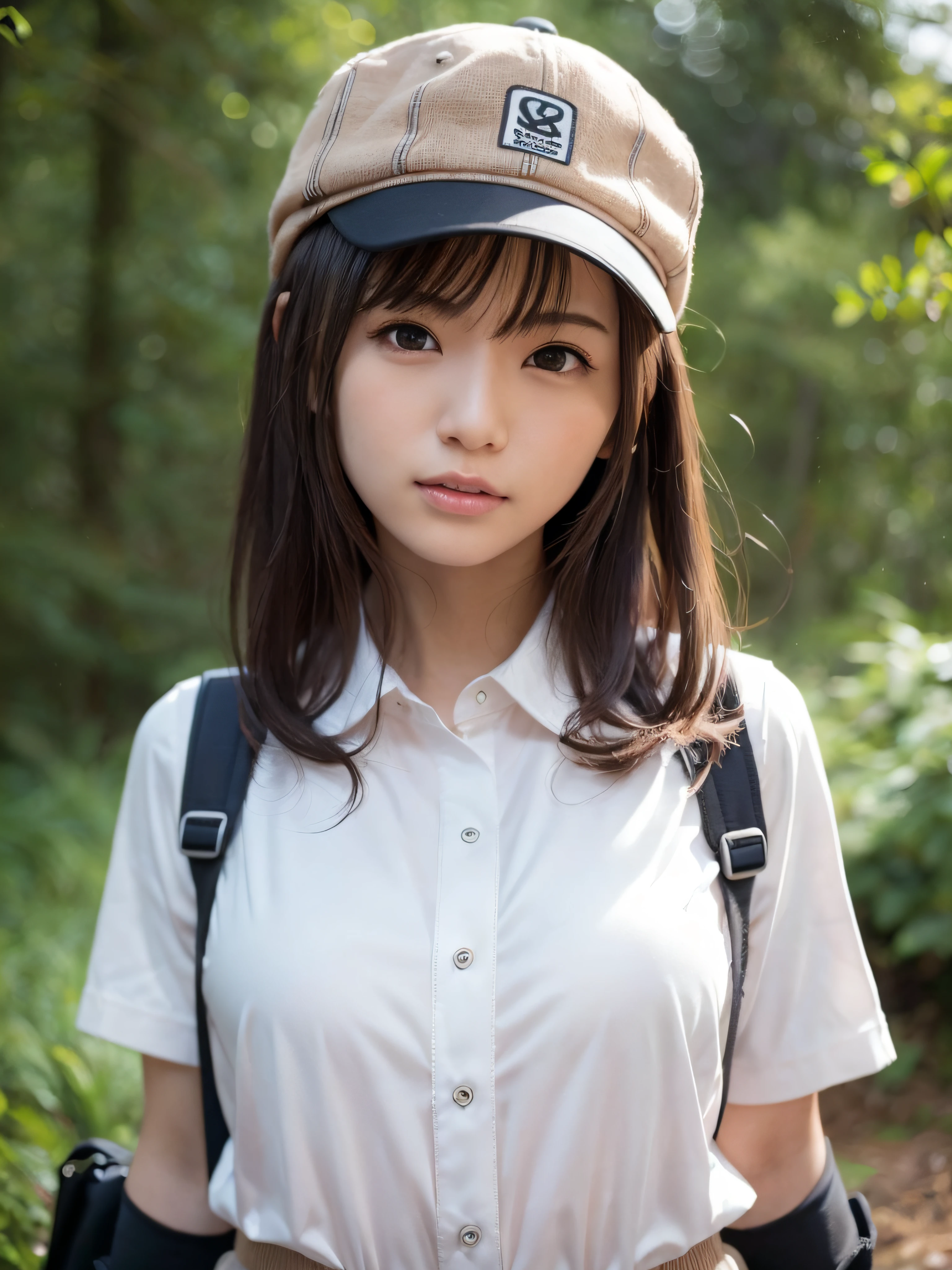 (Photorealistic), (Ultra high realistic), (Ultra high definition), (Ultra high detailed), (1girl), Beautiful face, Cute face, face slimming, Japanese young girl, semi-long curly hair, (light brown hair), ((Slimmer)), ((white shirt)), ((brown short pants)), (cap), ((black boots)), ((Carrying a super ultra very large backpack for camping)), wearing glasses, Movie Lighting, on the road in the forest