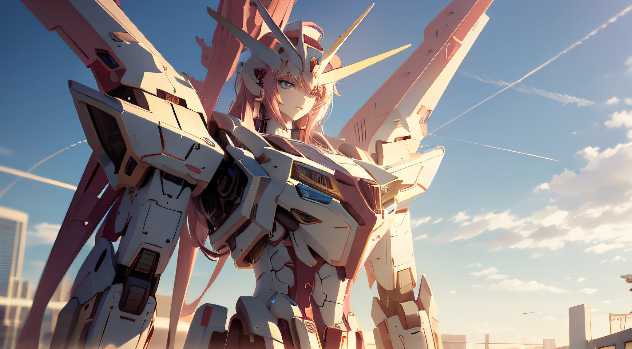 A large robot stands on the platform，female mecha， The best anime 4k konachan wallpaper， Detailed digital anime art， Has an anime mecha aesthetic， Detailed authentic art， Detailed artwork， Anime wallpapers 4 k， Real wallpaper 4k， Advanced digital art，Wallpaper size 1920×1080