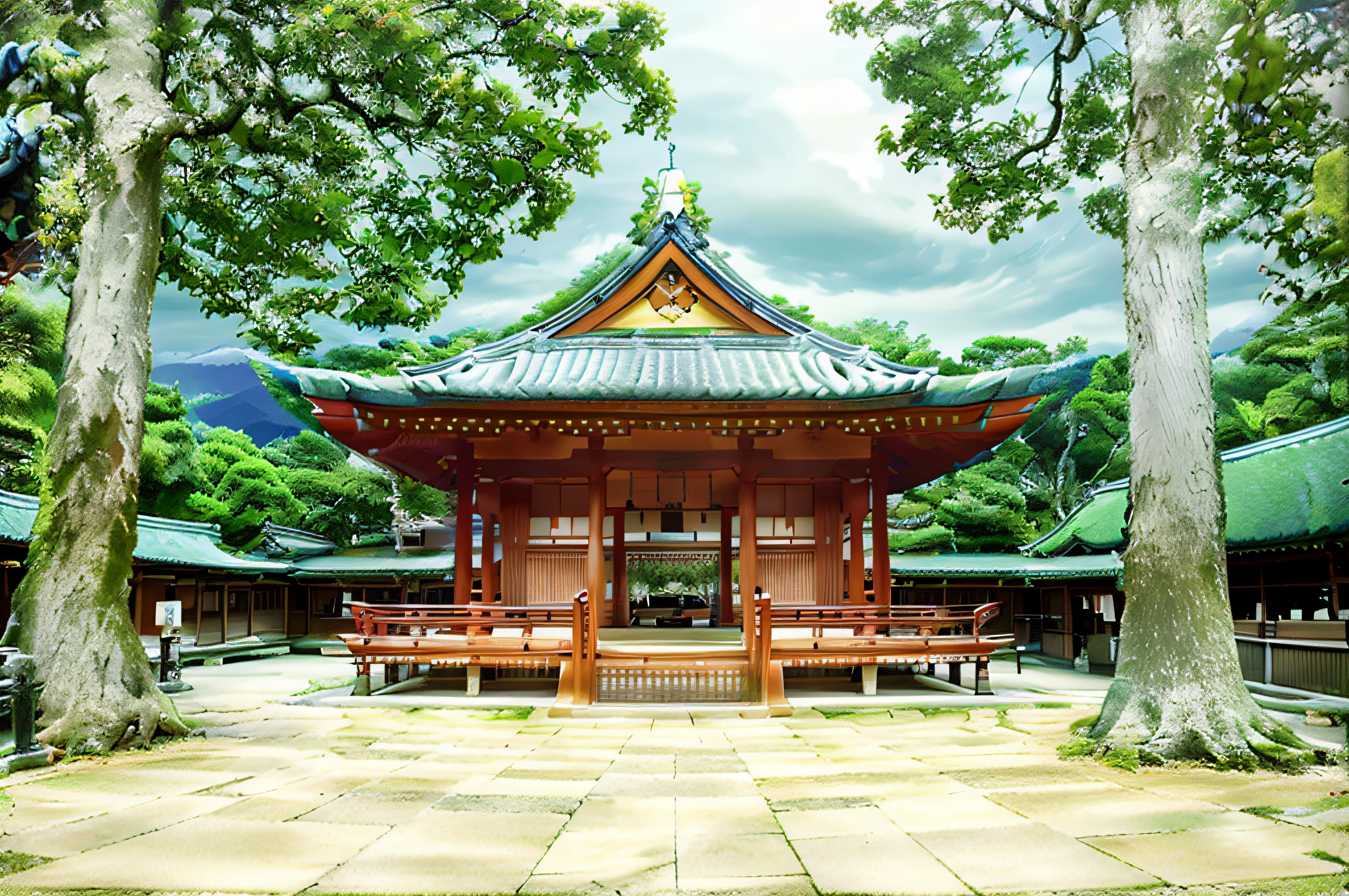 There is a pavilion with a bench in the middle of the courtyard, shrines, Shrine of Japan, shrines, inari shrine, shrines, japanese temples, sacred place, temple, japanese temples, shintoism, near a japanese shrine, ancient japanese architecture, beautiful image, Pavilion, inspired by Gusukuma Seihō, Historical setting, Imari