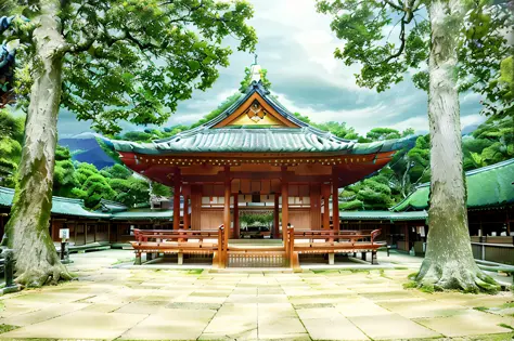 there is a pavilion with a bench in the middle of the courtyard, shrines, shrine of japan, shrines, inari shrine, shrines, japan...