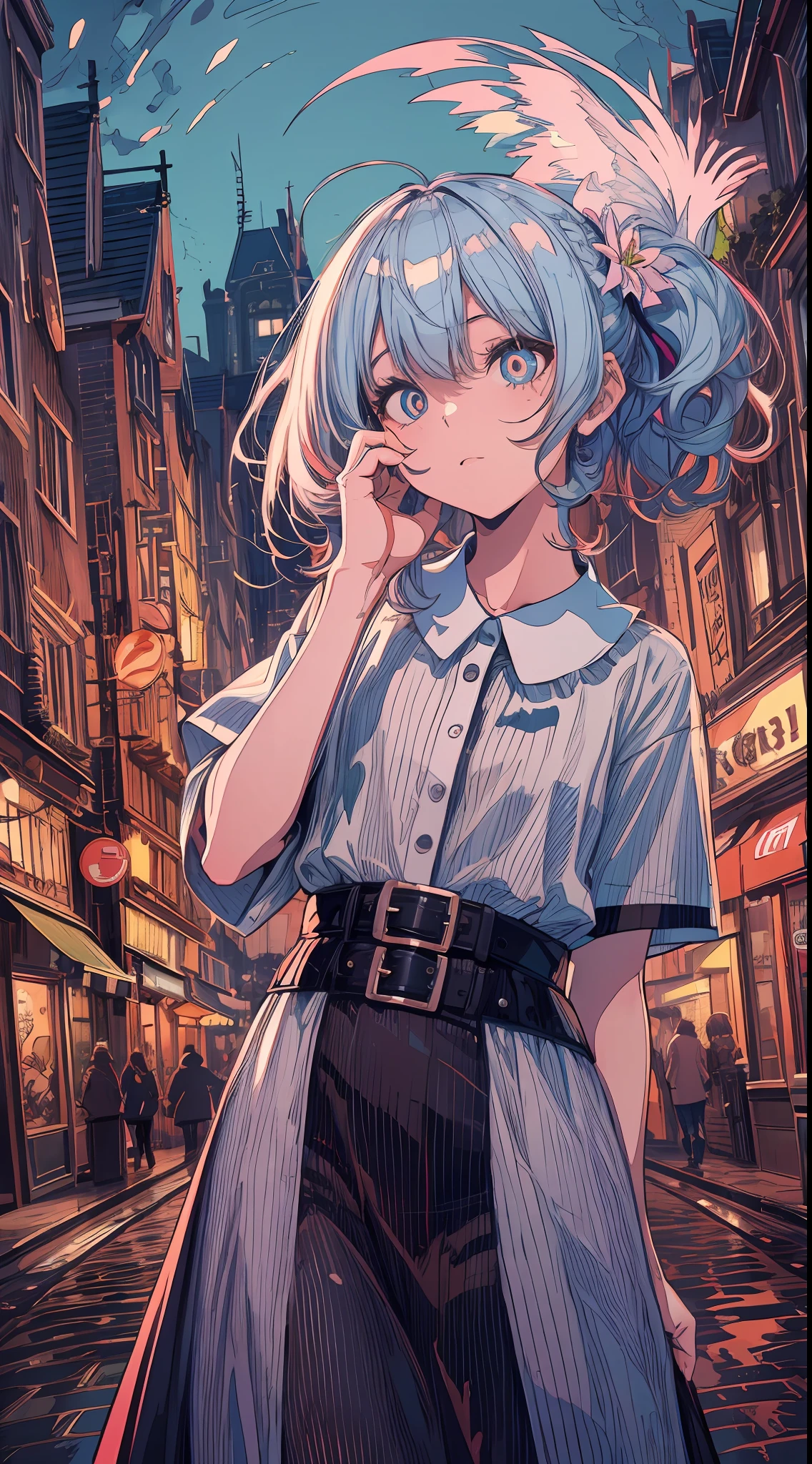 (gradient hair, dutch angle:1.3), film grain, chromatic aberration, city centre, masterpiece, best quality, raw photo, photorealistic, absurdres, 1girl, cute, perspective, cowboy shot, highres, ultra detailed, finely detail, detailed eyes and face, sharp pupils, realistic pupils, sharp focus, summer, night,