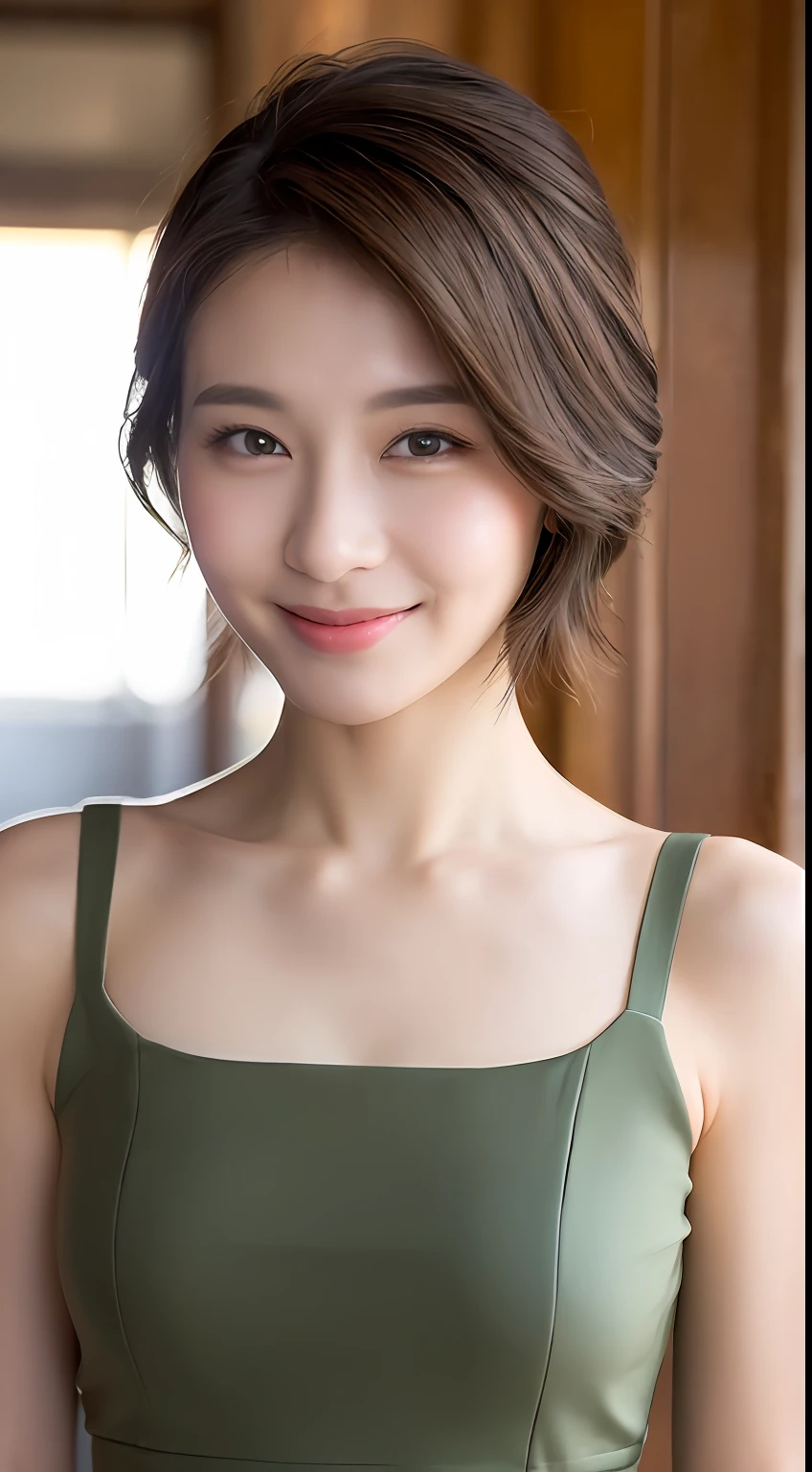 ((Best Quality, 8K, Masterpiece: 1.3)), 1 Girl, Slim Abs Beauty: 1.3, (Hairstyle Brown Hair Shortcut, Big: 1.2), Dress: 1.1, Super Slender Face, Delicate Eyes, Double Eyelids, Smile, Home, Raw Photo