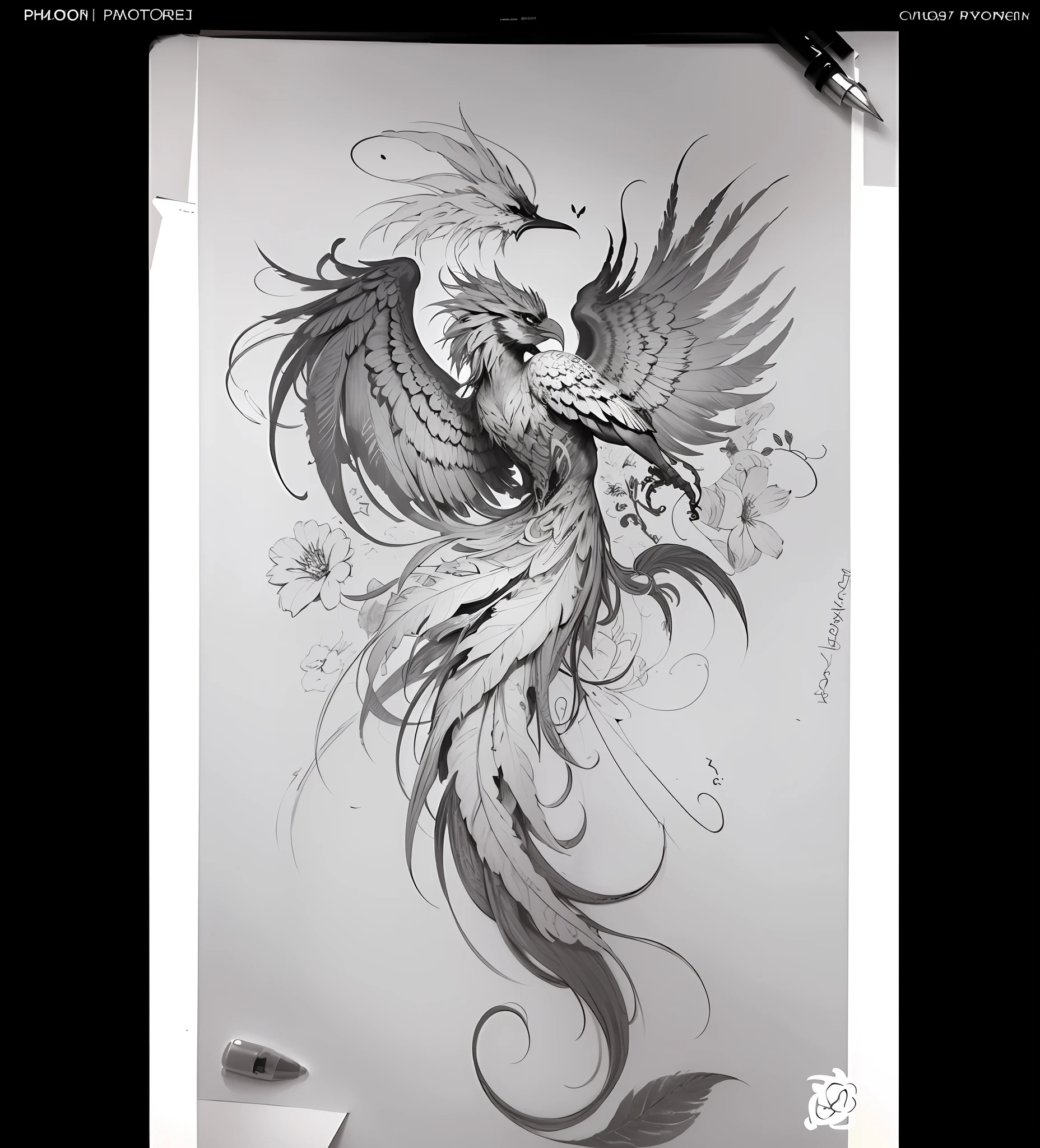 Phoenix, chinese, realistic, long tail, elegant, wings closed long neck,  long feathers, in flight, graceful, tattoo idea | TattoosAI