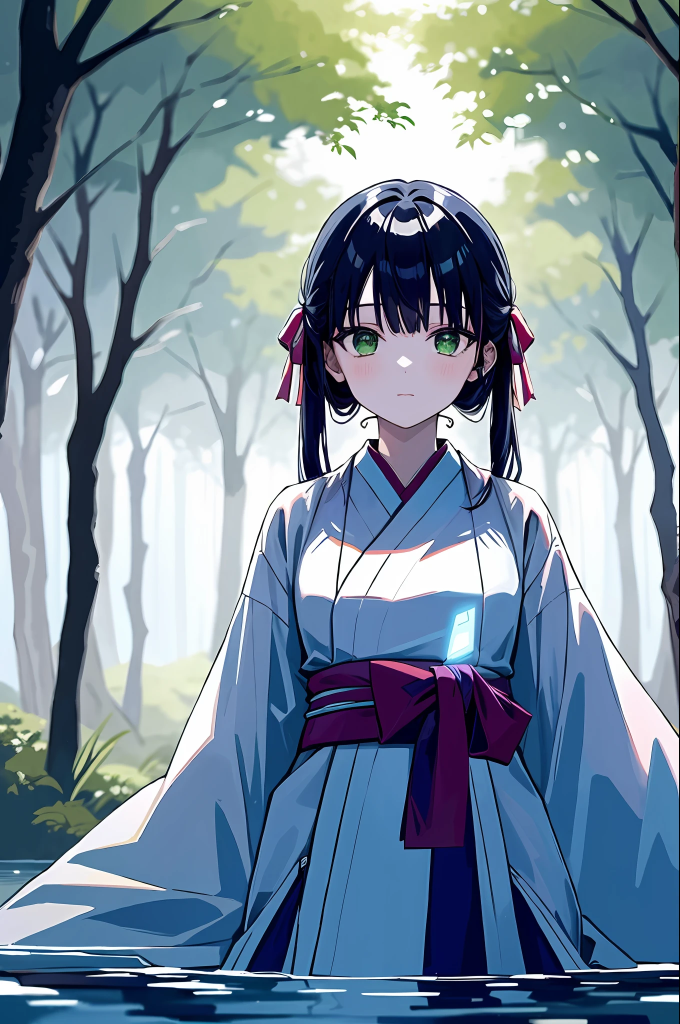 Detailed background, Masterpiece, Best quality, 1girll, Bai Lingling, black color hair, hair tubes, Hair ribbon, Green eyes, nontraditional miko, A forest full of purple and white trees, glowworm, water, purple color-theme, White theme, mistic, magical,