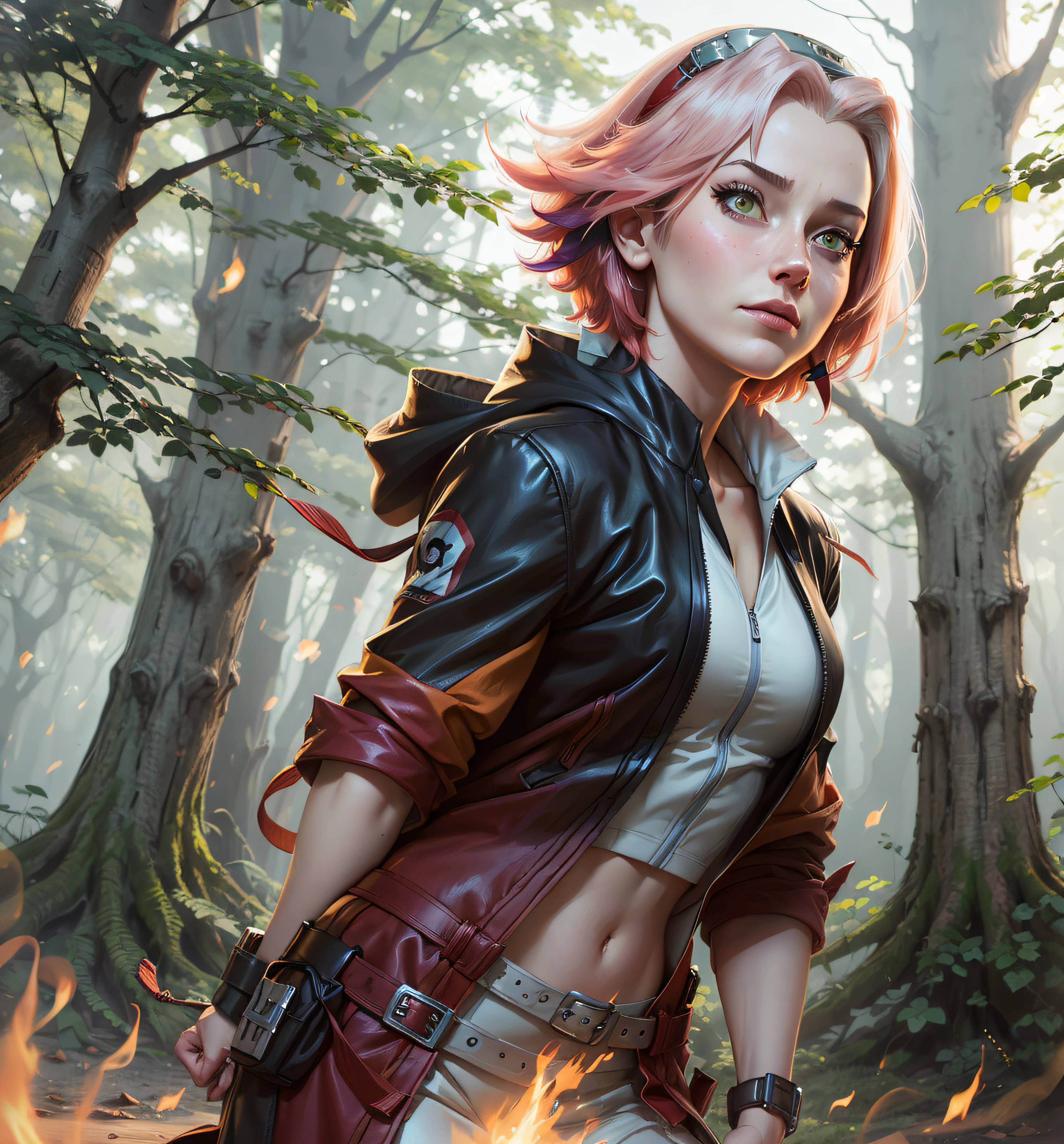 Sakura haruno, ((solo)), alone, ((forehead the show)), elegant, red coat, pink hair, delicate, young, short hair, detailed face, high definition, ((full body)), (flames around you), ((flaming)), fire, fire, in a forest, trend in artstation, by rhads, andreas rocha, rossdraws, makoto shinkai, laurie greasley, lois van baarle, ilya kuvshinov and greg rutkowski