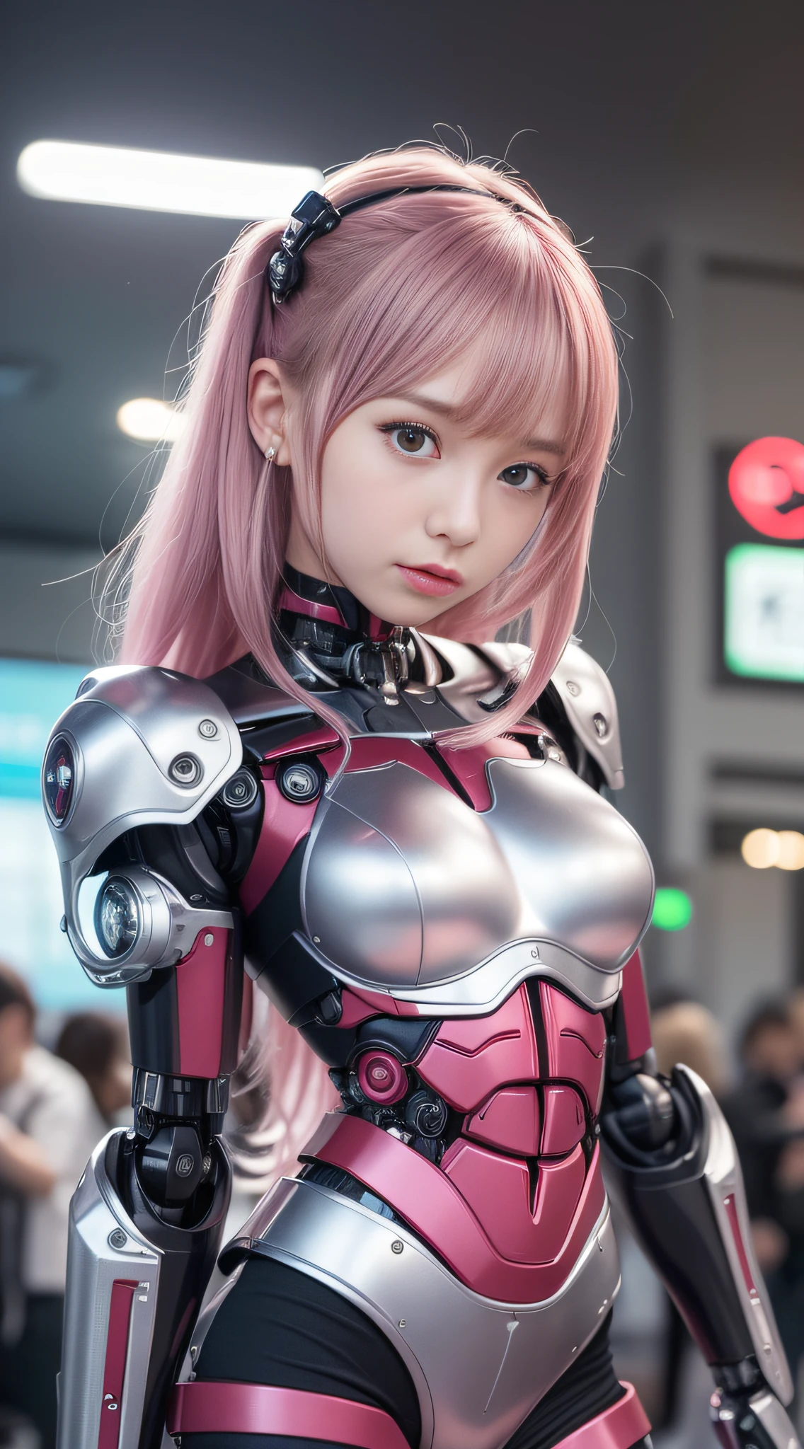 (Photorealsitic:1.4)、Onegirl、(top-quality),(hyperdetailed face)、(Super well-formed face)、((Robot Parts))、(Cyborg girl)、(pink there)、(Burgundy)、(metalic)、(fullllbody)、(Moe Pose)、(Slender body)、(tits out)、(Model body type)、(mecha exposure)、(akihabara)、(is looking at the camera)、(A dark-haired)、(９Head and body)、(a small face)、(Idol)、(front facing)、(is standing)、(Photo session)、(Looks sad)、(Cyborg girl in stage costume)、(sleeve less)、(a miniskirt)