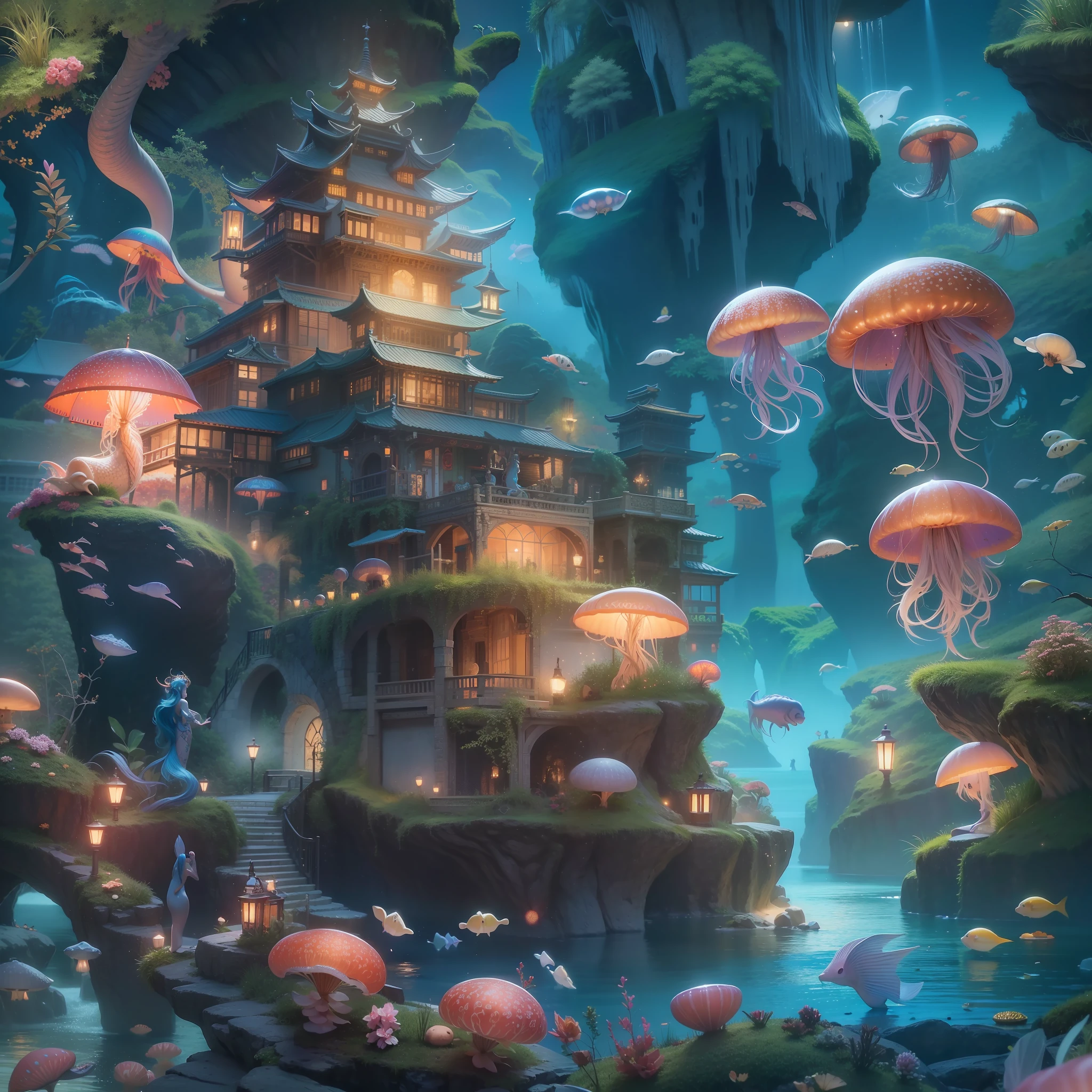 ​masterpiece、top-quality、hightquality、Highly detailed CG Unity 8k wallpapers、Luminous jellyfish、Coral Forest、A paradise of marine creatures hidden at the bottom of the ocean is ruled by a mermaid queen、The iconic Dragon Palace and castle town are illuminated by light、Fantastic landscapes are mesmerizing and dreamlike scenes、Iridescent water bubbles、Digital Illustration、Convoluted、PastelColors、an oil painting、Bokeh、depth of fields、HDR、Bloom、chromatic abberation、Photorealsitic、A highly detailed、High Details、Dramatic、Professional Shashinka