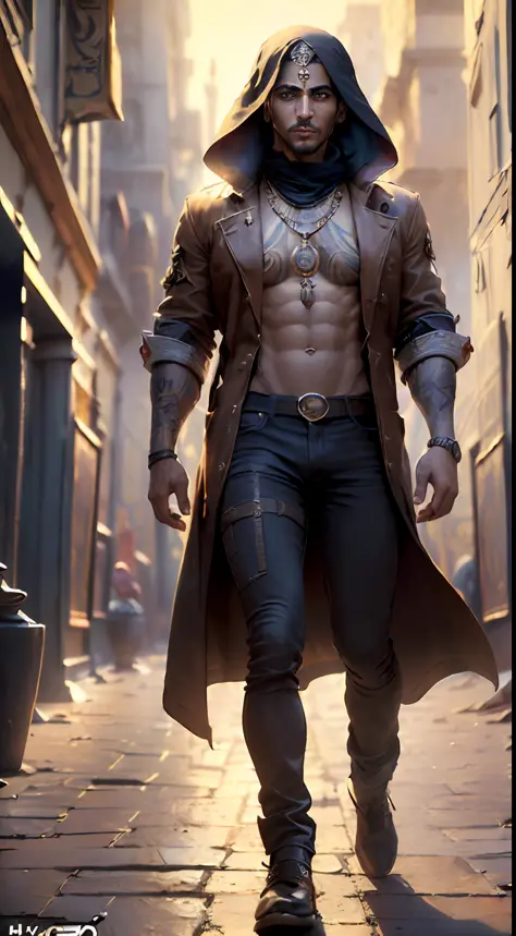 ( 
    (Character: one egyptian man, occultist, traits:1.5, black skin:1.4) 
    (Clothing: brown coat with egyptian symbols, egyptian amulets, egyptian tattoos)
    (Pose: full body shot:1.7, dynamic pose)
    (Background: dark alley at night:1.3, intense...