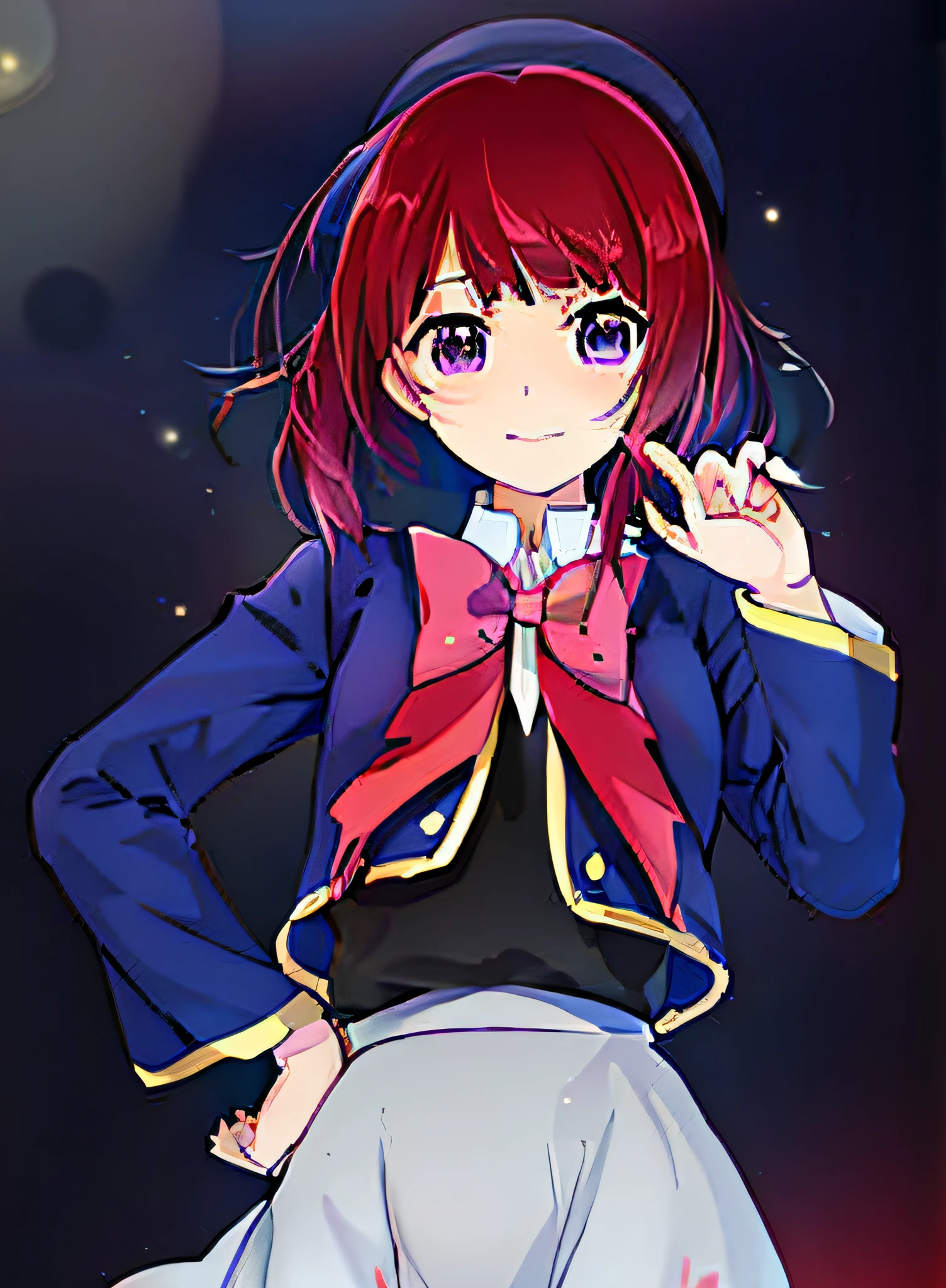 Anime girl posing for photo with red hair and blue jacket, anime moe art style, anime visual of a cute girl, portrait gapmoe yandere grimdark, gapmoe Yandere, Marin Kitagawa fanart, anime portrait of shiina ringo, anime girl named lucy, umineko, hanayamata, gapmoe Yandere grimdark, Yandere --auto