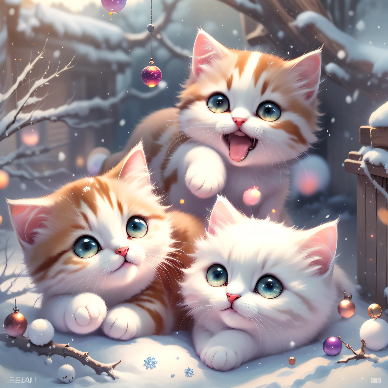 4 kittens lying on the snow again、ssmile、Smile happily、Playing with each other、snowflakes falling、There is a small snowman next to it、Big jewel-like eyes、Tears