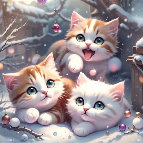 4 kittens lying on the snow again、ssmile、smile happily、playing with each other、snowflakes falling、there is a small snowman next ...