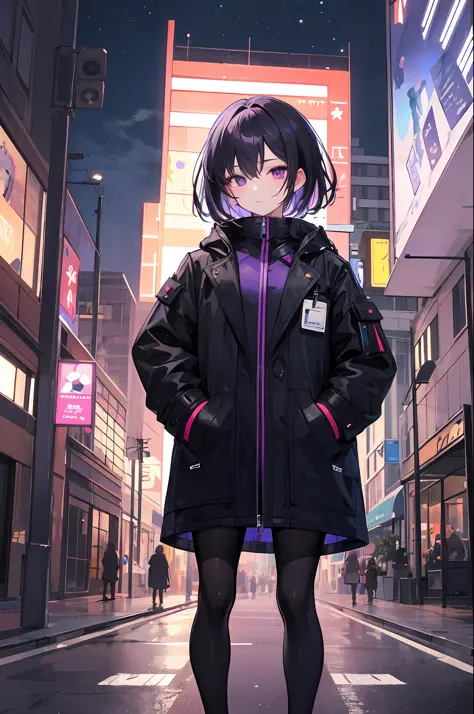 1girl，black color hair，Purple eye，nightcity，Sateen，coat large，Put your hands in your pockets，
