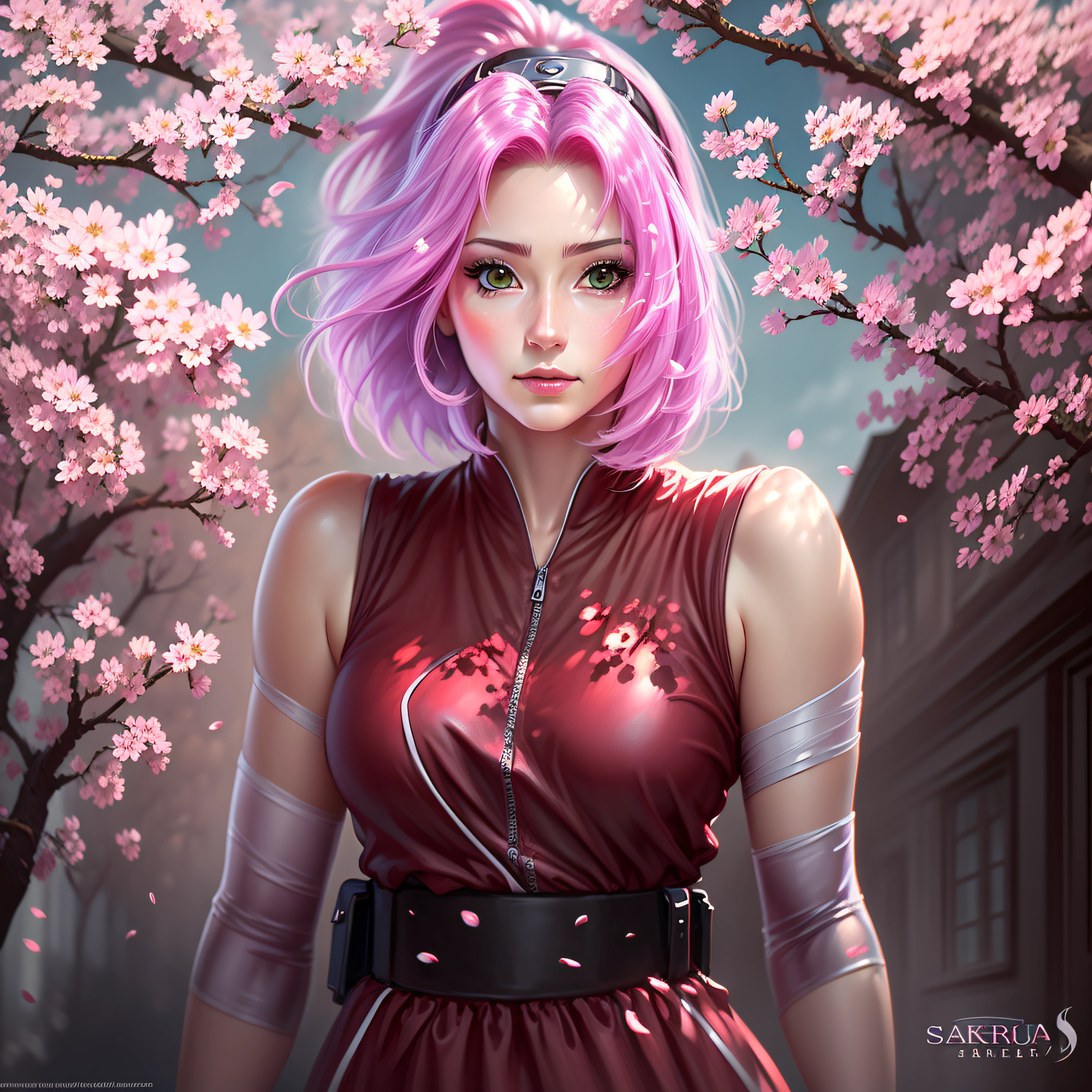 桜の美しく背の高いショートヘアのアニメは超リアルで細部までこだわっています