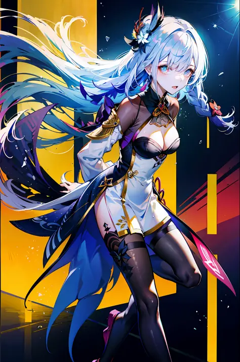 (best quality, detailed background, highres, absurdres, bloom, disheveled hair, shiny hair, exposed in lighting, bright pupils),
1girl, focus on leg, earpiece, long hair, silver hair, large_breasts, action_pose, standing,  arms behind back, stage, spotligh...