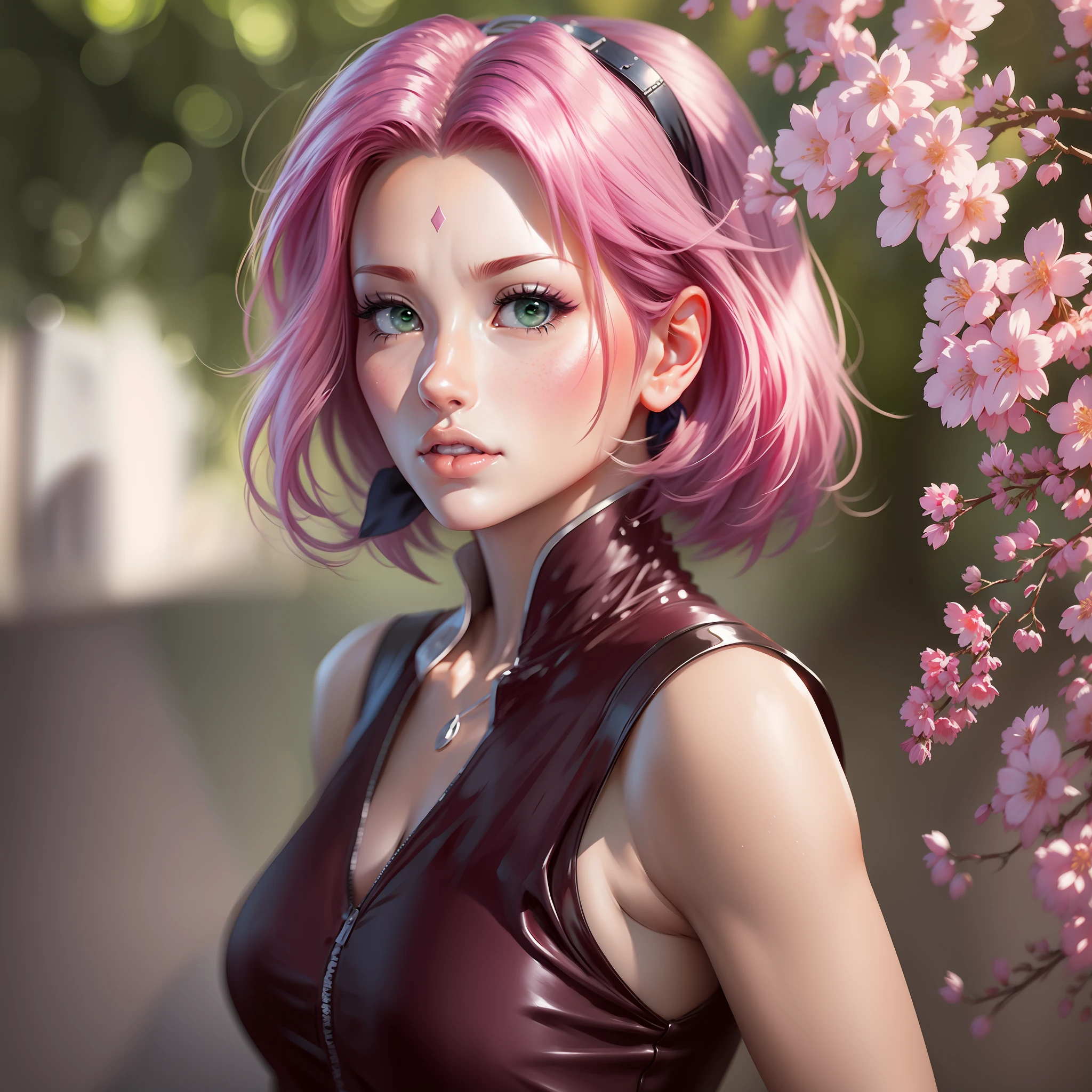 Sakura, hermosa y alta, anime de pelo corto, súper realista y bien detallada.