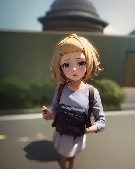 Anime girl with blue eyes and backpack standing in front of the mountain，kawaii realistic portrait，style of anime。8k，anime visua...