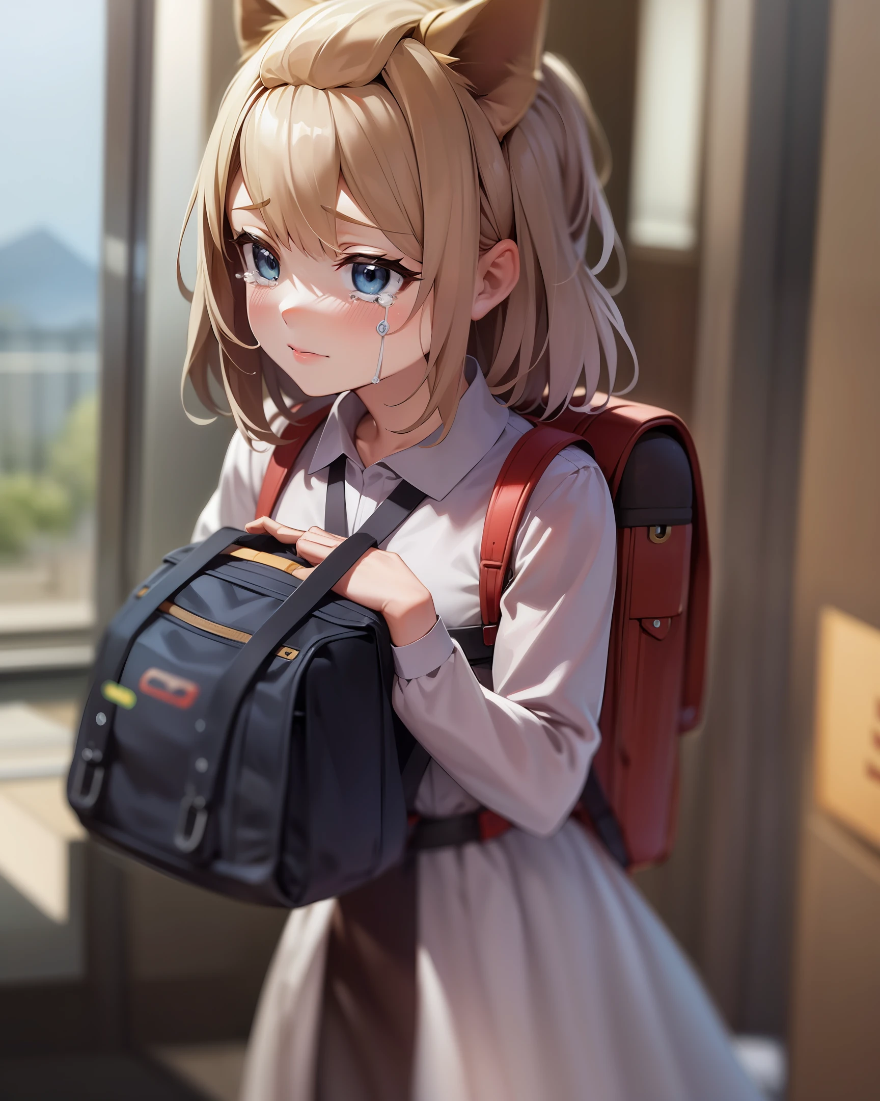 Anime girl with blue eyes and backpack standing in front of the mountain，kawaii realistic portrait，style of anime。8k，anime visual of a cute girl，Realistic anime 3 D style，anime realism style，anime style portrait，style of anime，Young anime girl，Cute Anime Girls，style of anime，Realistic anime art style，Anime style 4 K，animemanga girl，Sad，streaming tears