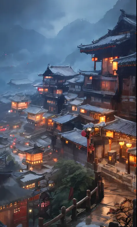 An arafed view of a village on a cloud，a lot of lights on the buildings，dreamy Chinese towns，Chinese Village，amazing wallpapers，A Japanese town，Japanese village，surreal photo of a small town，old asian village，Japan city，Raymond Han，rainy evening, Cyberpunk...