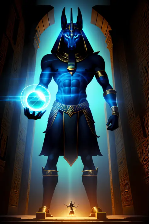 Anubis god, egyptian god, standing pose, handing book, portal background, cinematic scene --auto